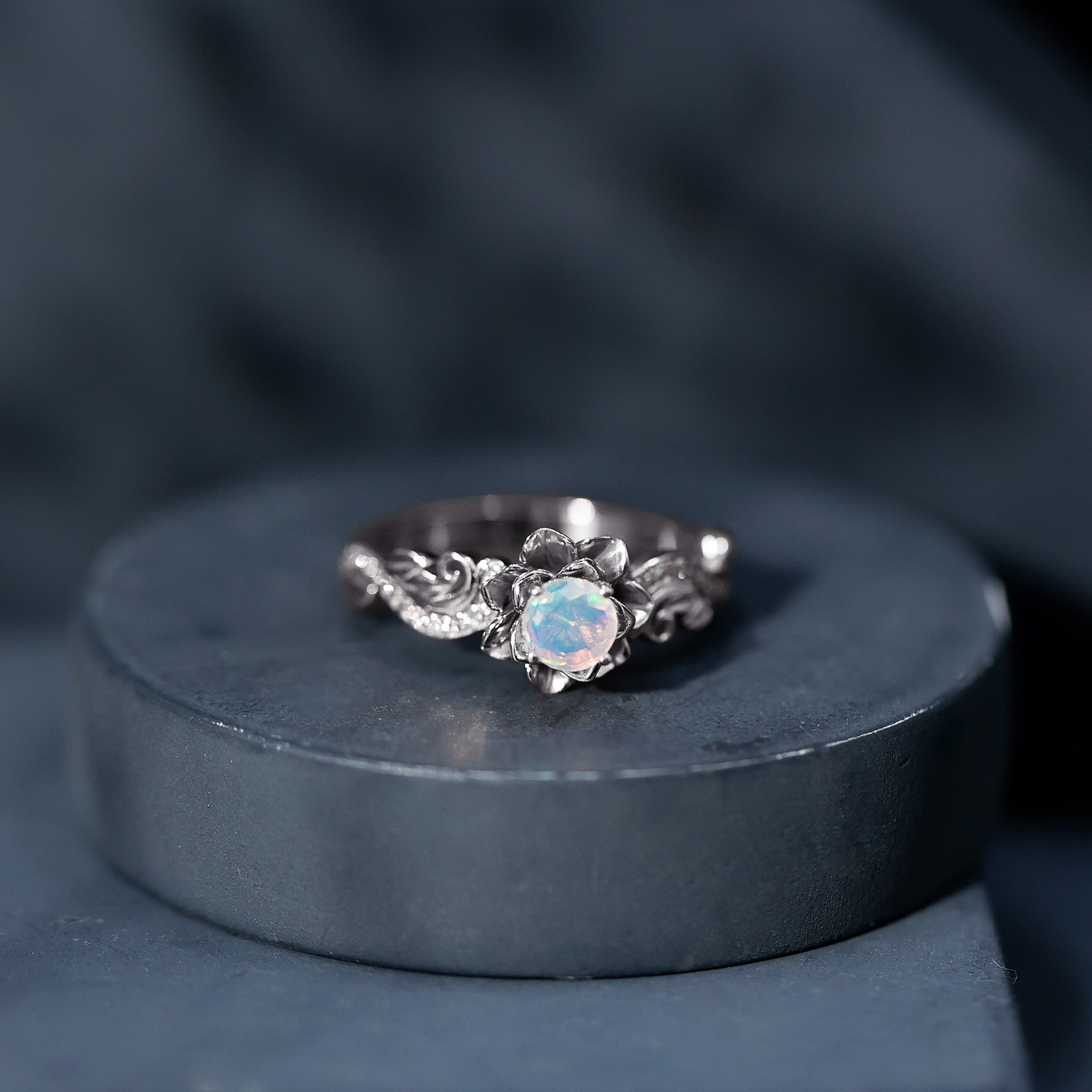 Genuine Ethiopian Opal Flower Engagement Ring With Real Diamond AAA - Rosec Jewels