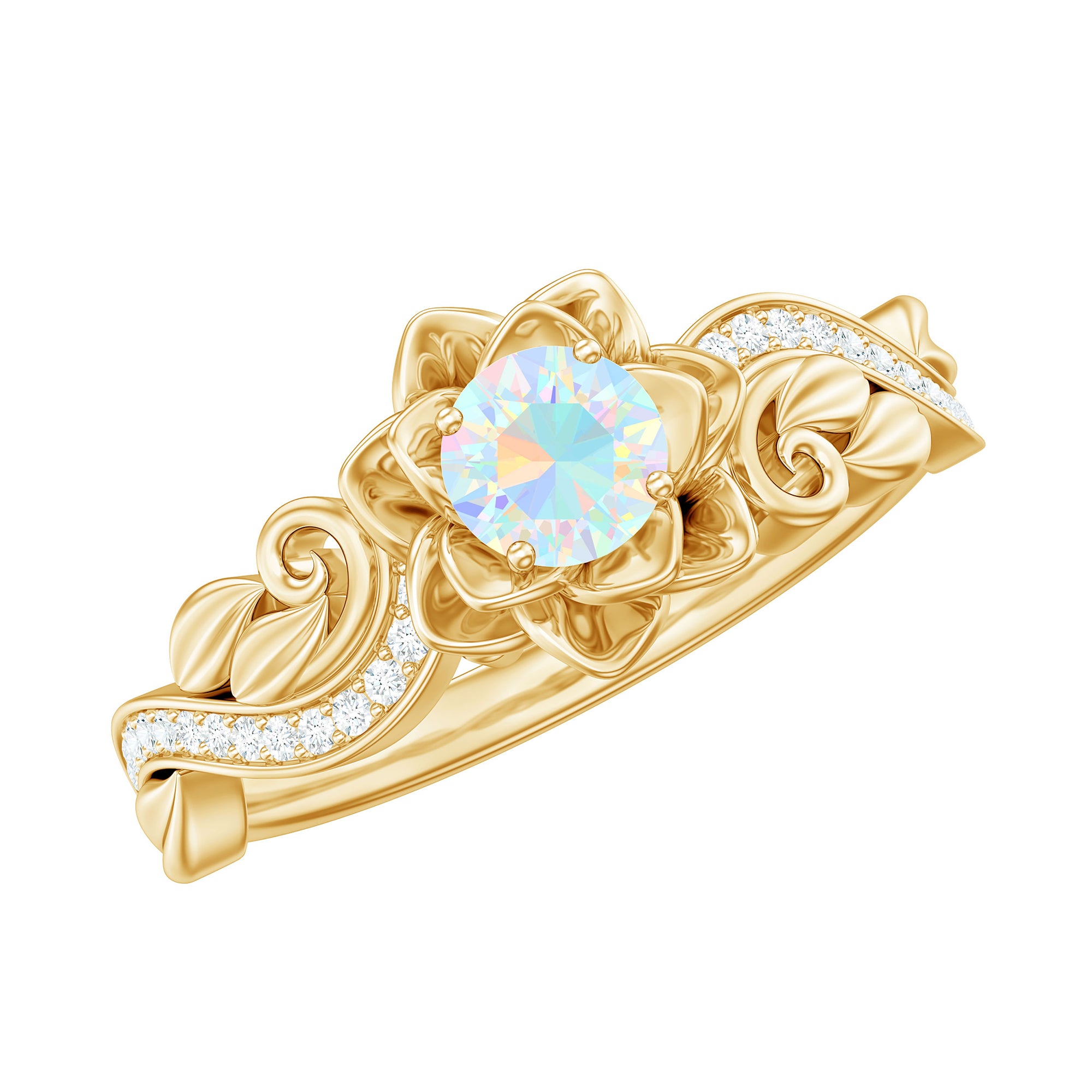 Genuine Ethiopian Opal Flower Engagement Ring With Real Diamond AAA - Rosec Jewels