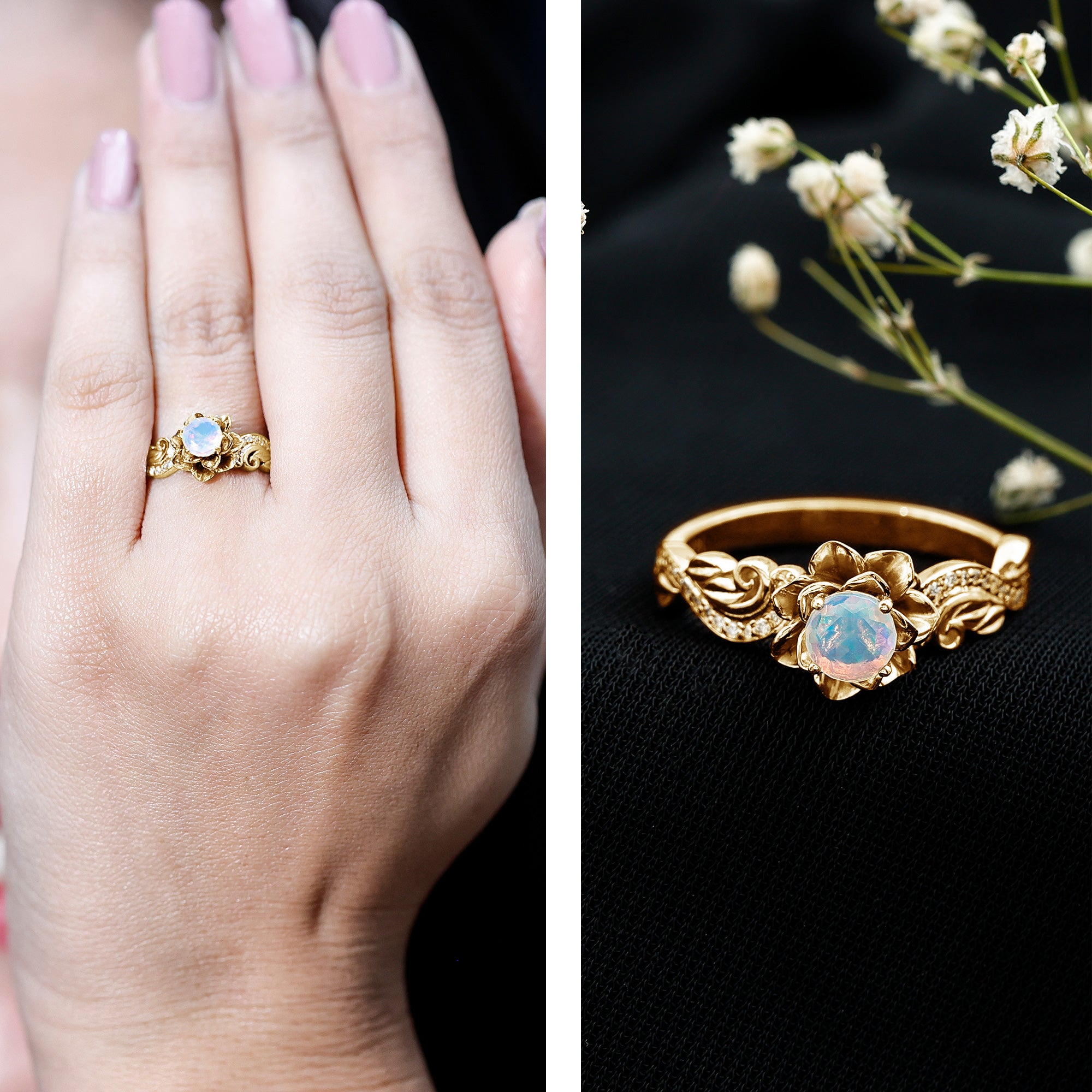 Genuine Ethiopian Opal Flower Engagement Ring With Real Diamond AAA - Rosec Jewels