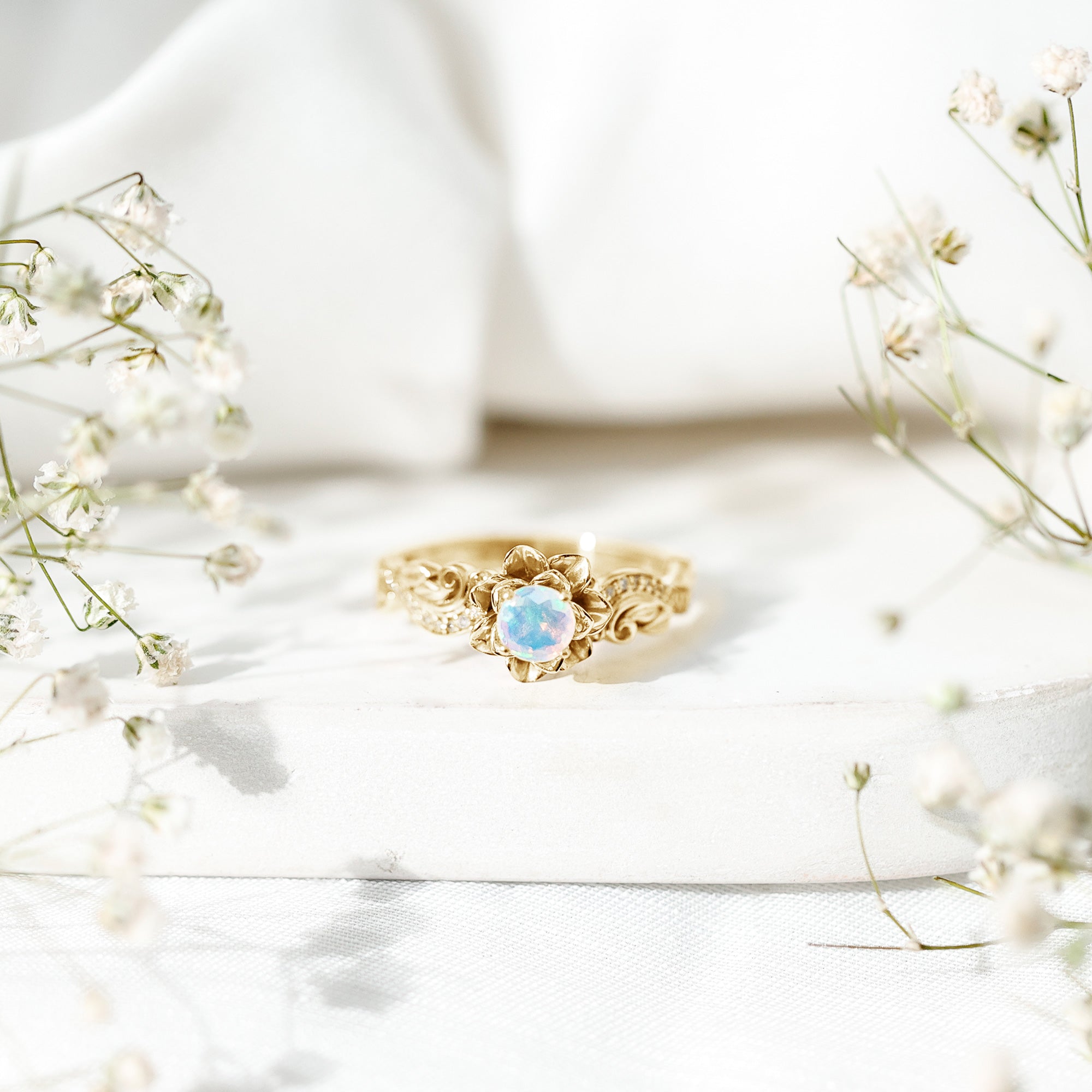 Genuine Ethiopian Opal Flower Engagement Ring With Real Diamond AAA - Rosec Jewels