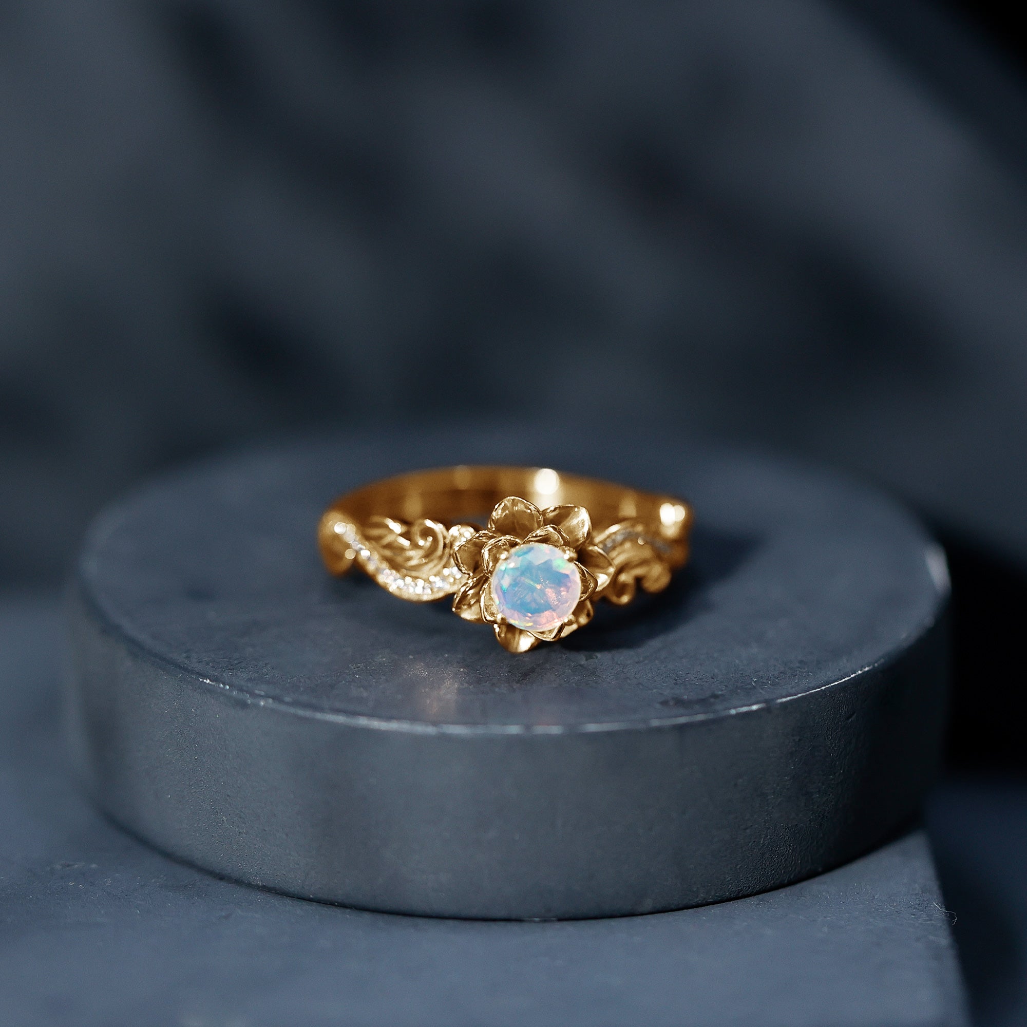 Genuine Ethiopian Opal Flower Engagement Ring With Real Diamond AAA - Rosec Jewels