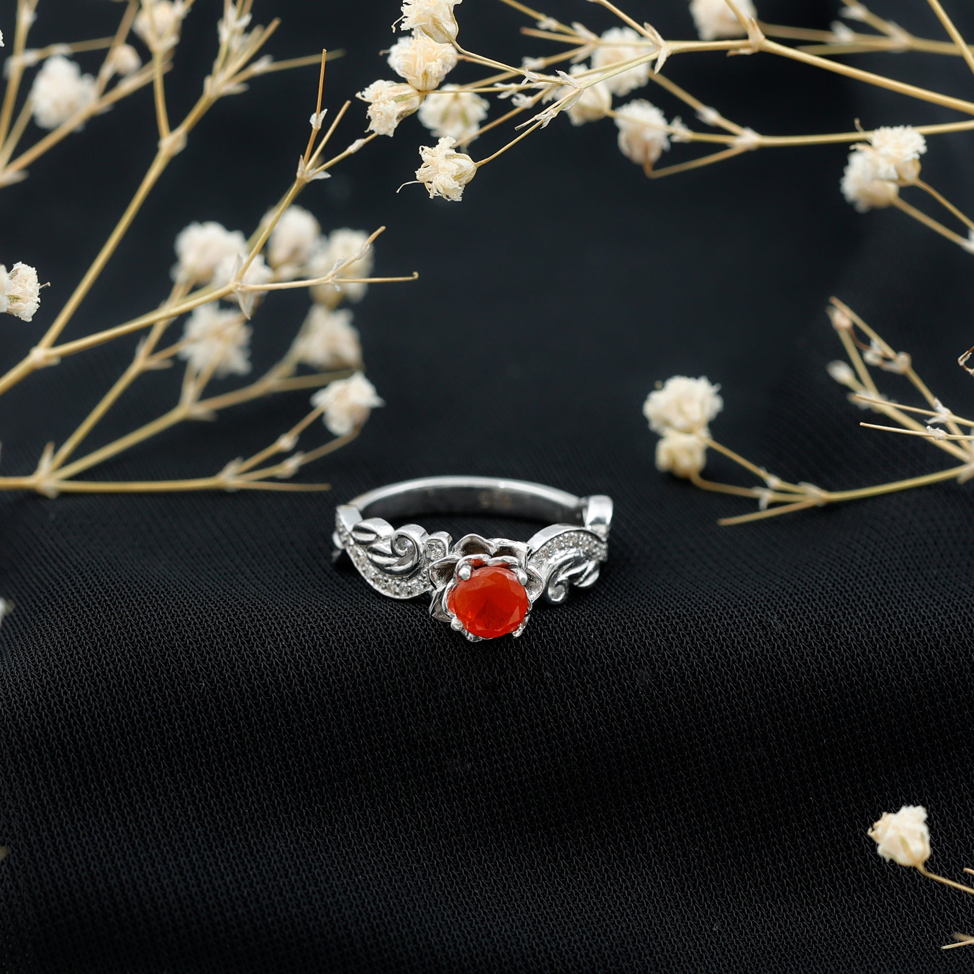 Rosec Jewels-Nature Inspired Fire Opal and Diamond Engagement Ring with Certificate