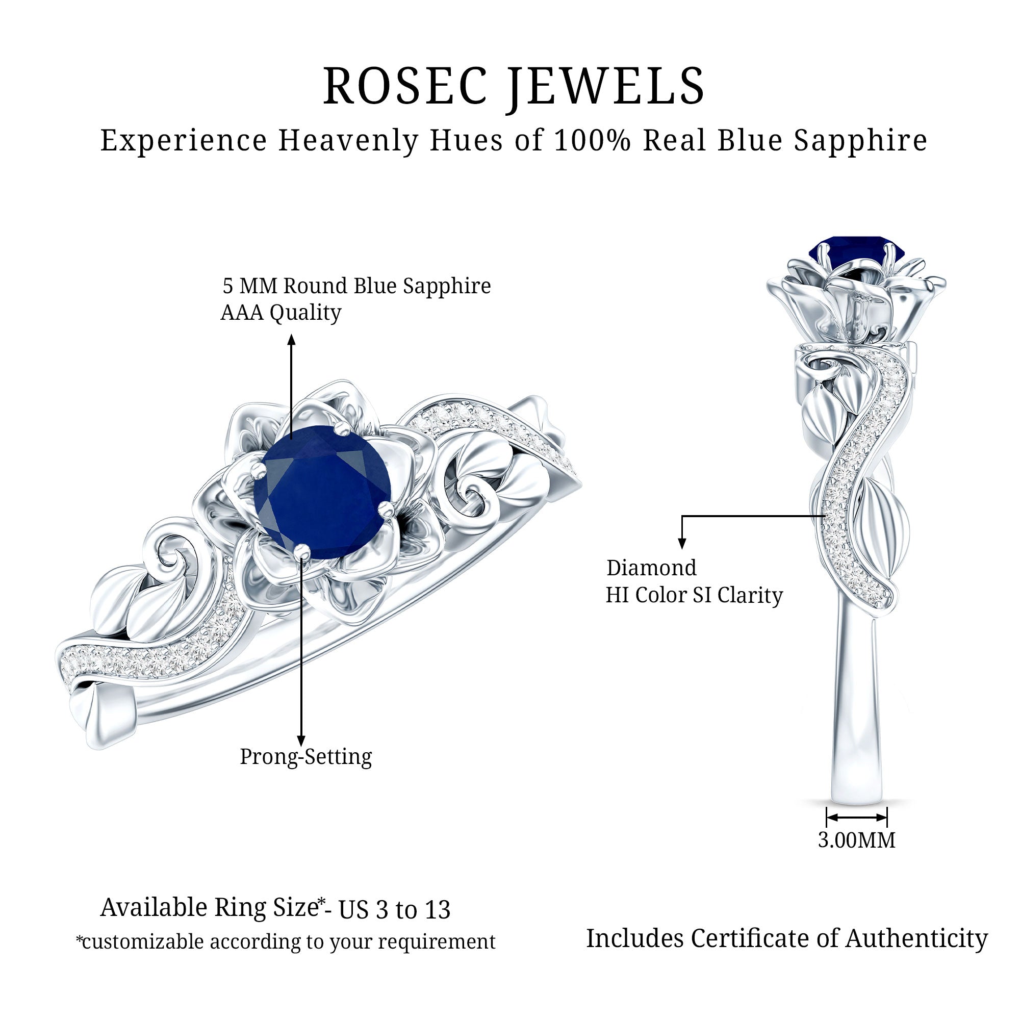 Rosec Jewels-Rose Flower Engagement Ring with Genuine Blue Sapphire and Diamond