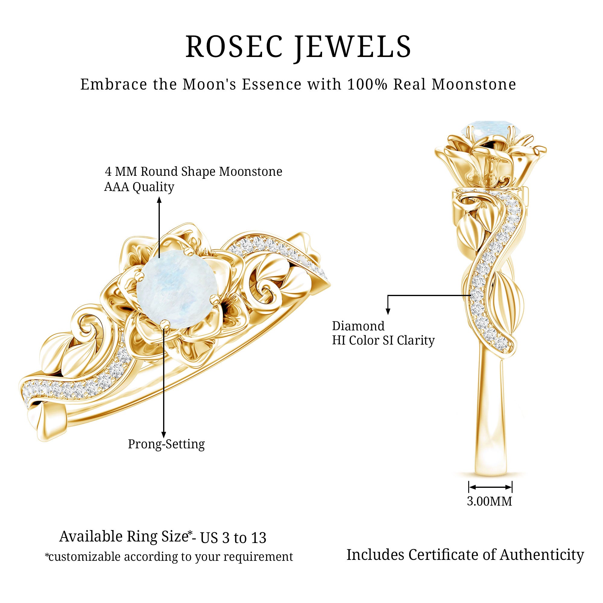 Rosec Jewels-Natural Moonstone Rose Flower Engagement Ring With Diamond