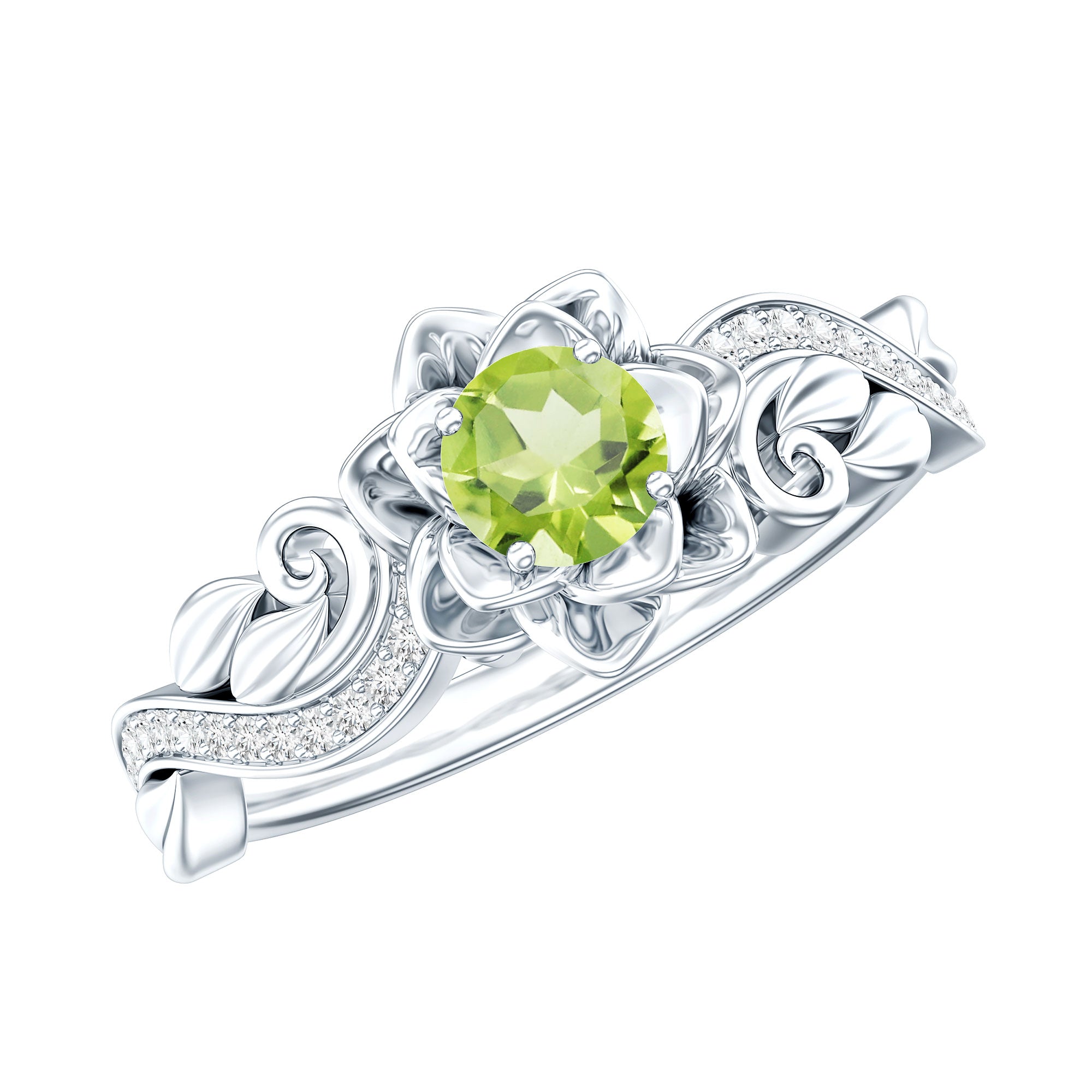 Genuine Peridot and Diamond Flower Inspired Engagement Ring AAA - Rosec Jewels
