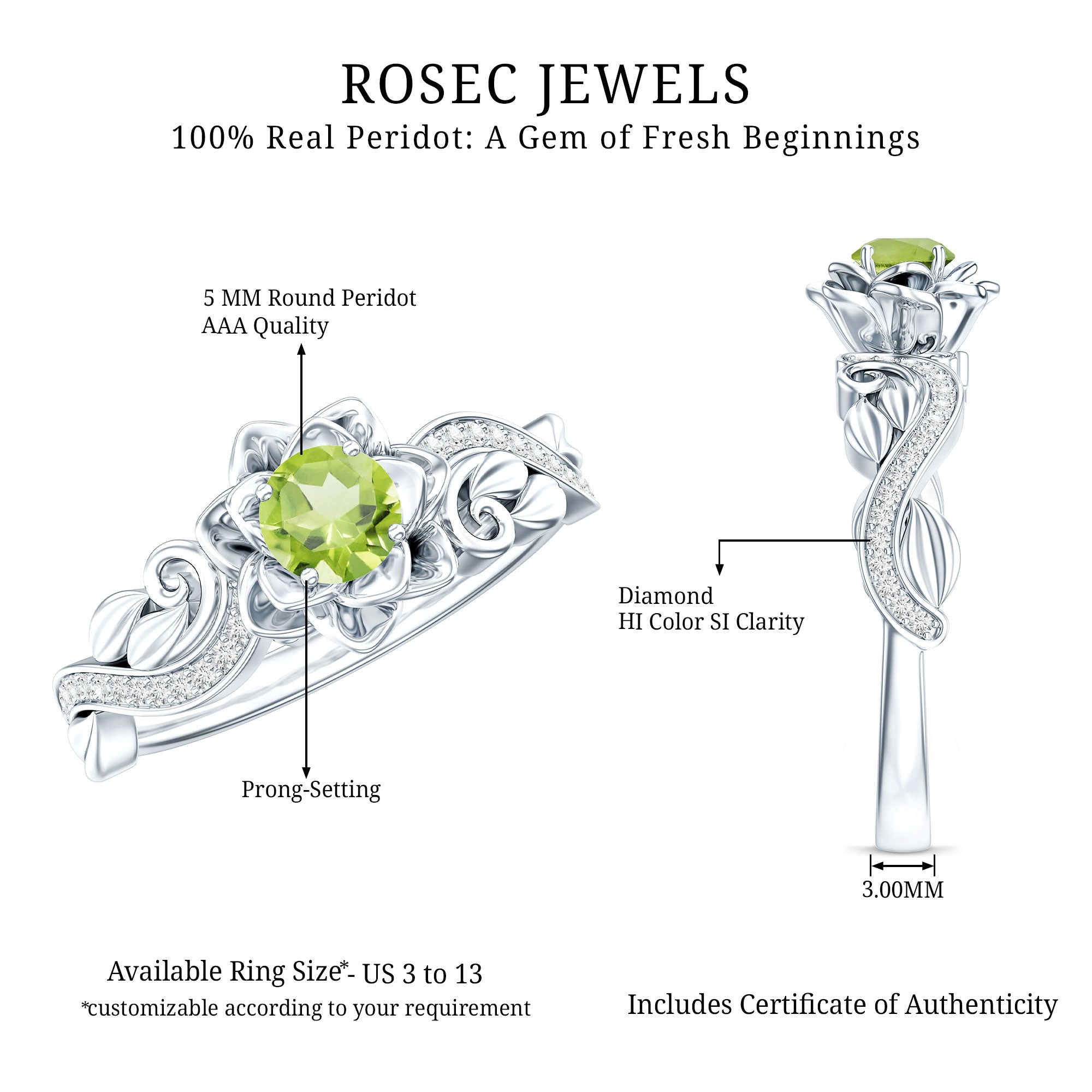 Genuine Peridot and Diamond Flower Inspired Engagement Ring AAA - Rosec Jewels