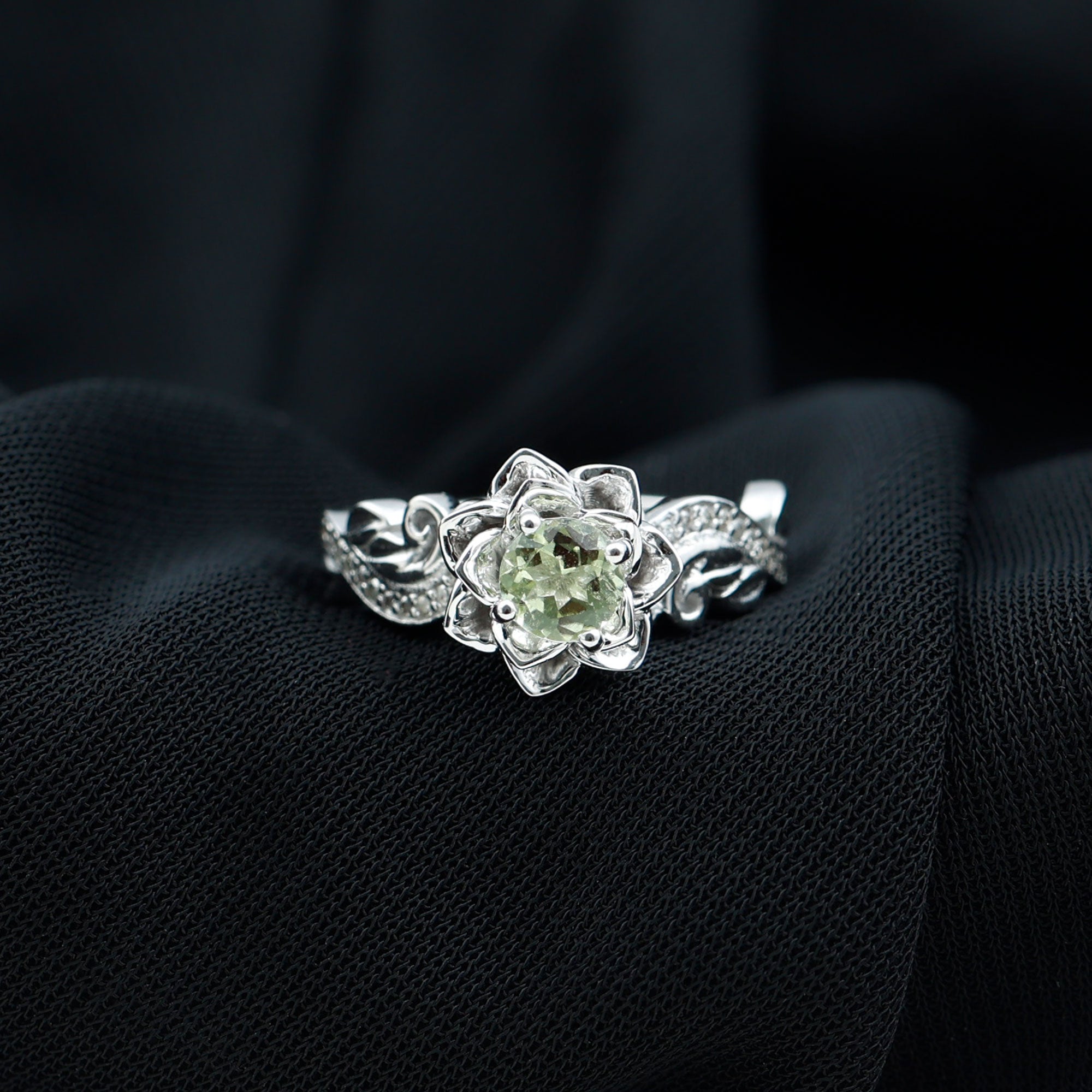 Rosec Jewels-Genuine Peridot and Diamond Flower Inspired Engagement Ring