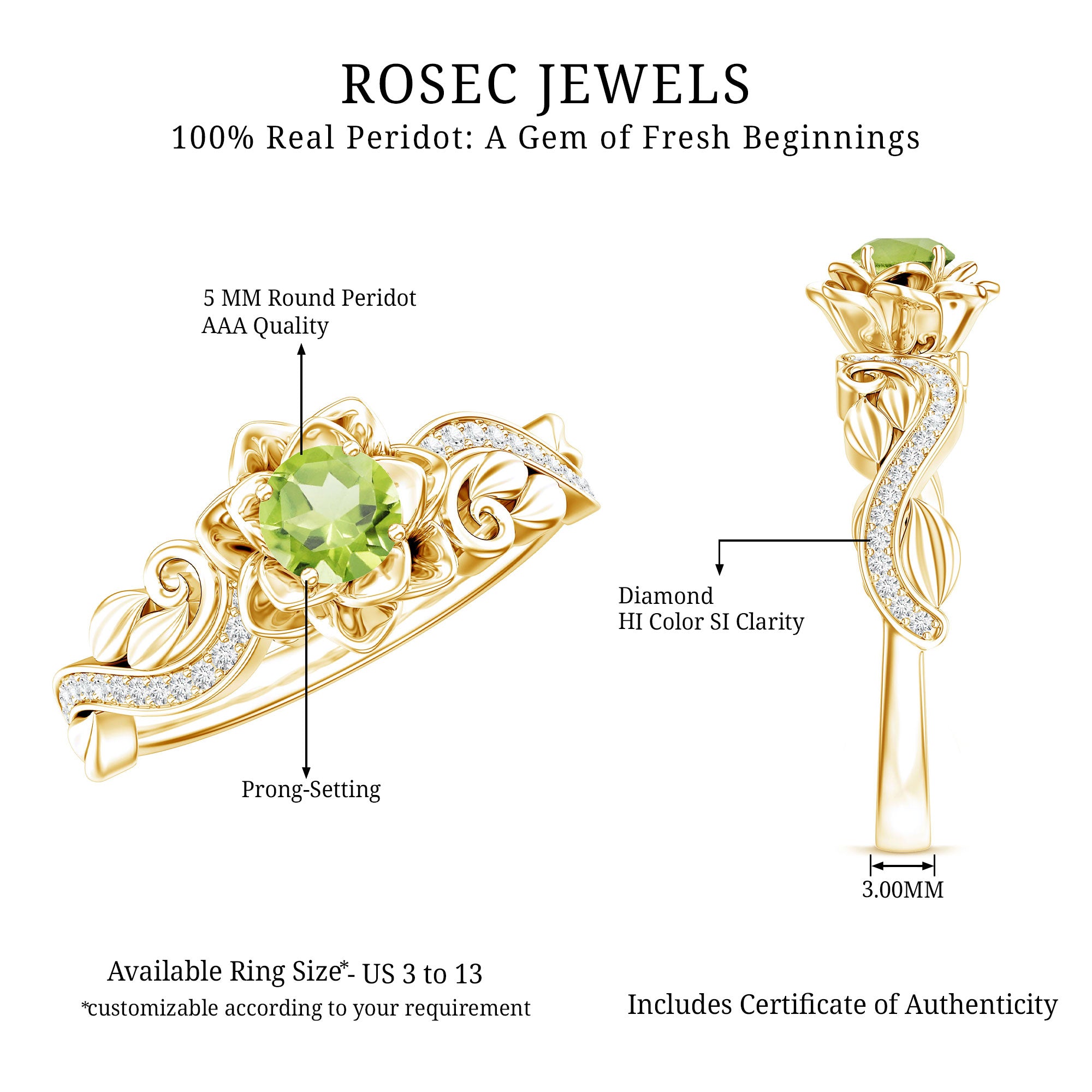 Genuine Peridot and Diamond Flower Inspired Engagement Ring AAA - Rosec Jewels
