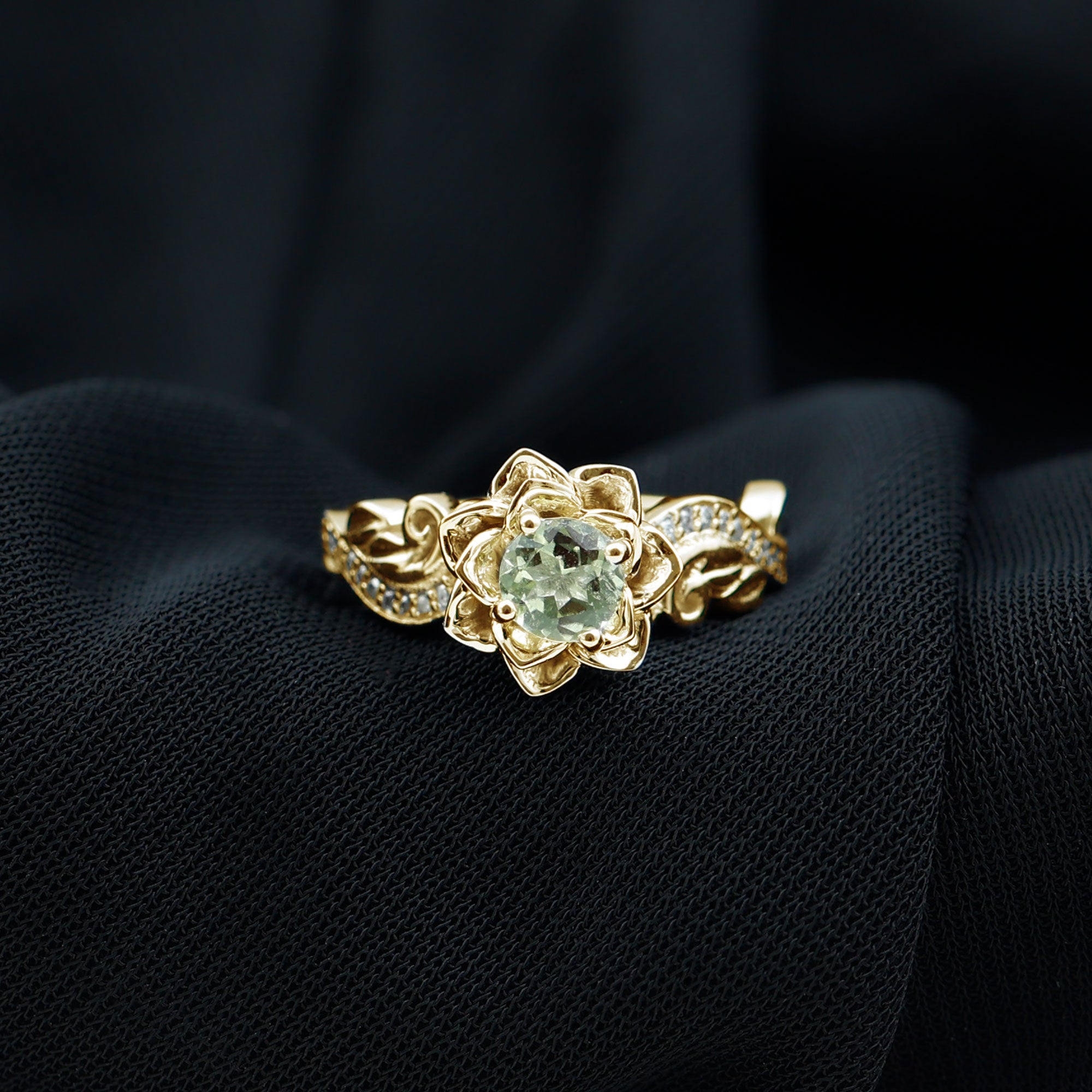 Rosec Jewels-Genuine Peridot and Diamond Flower Inspired Engagement Ring