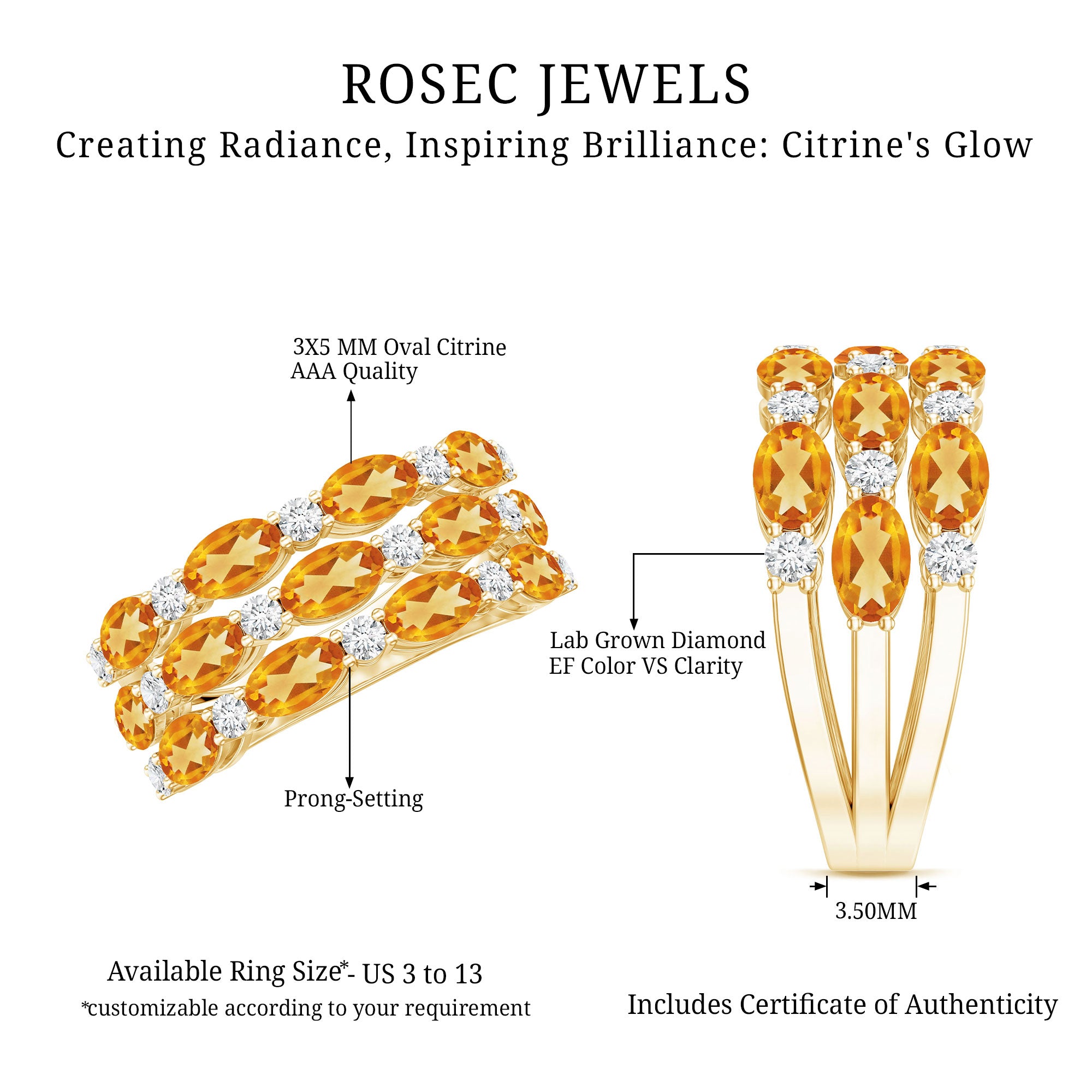 Certified Citrine Wide Wedding Band in Gold Plated Silver AAA 14K Yellow Gold Plated Silver - Rosec Jewels