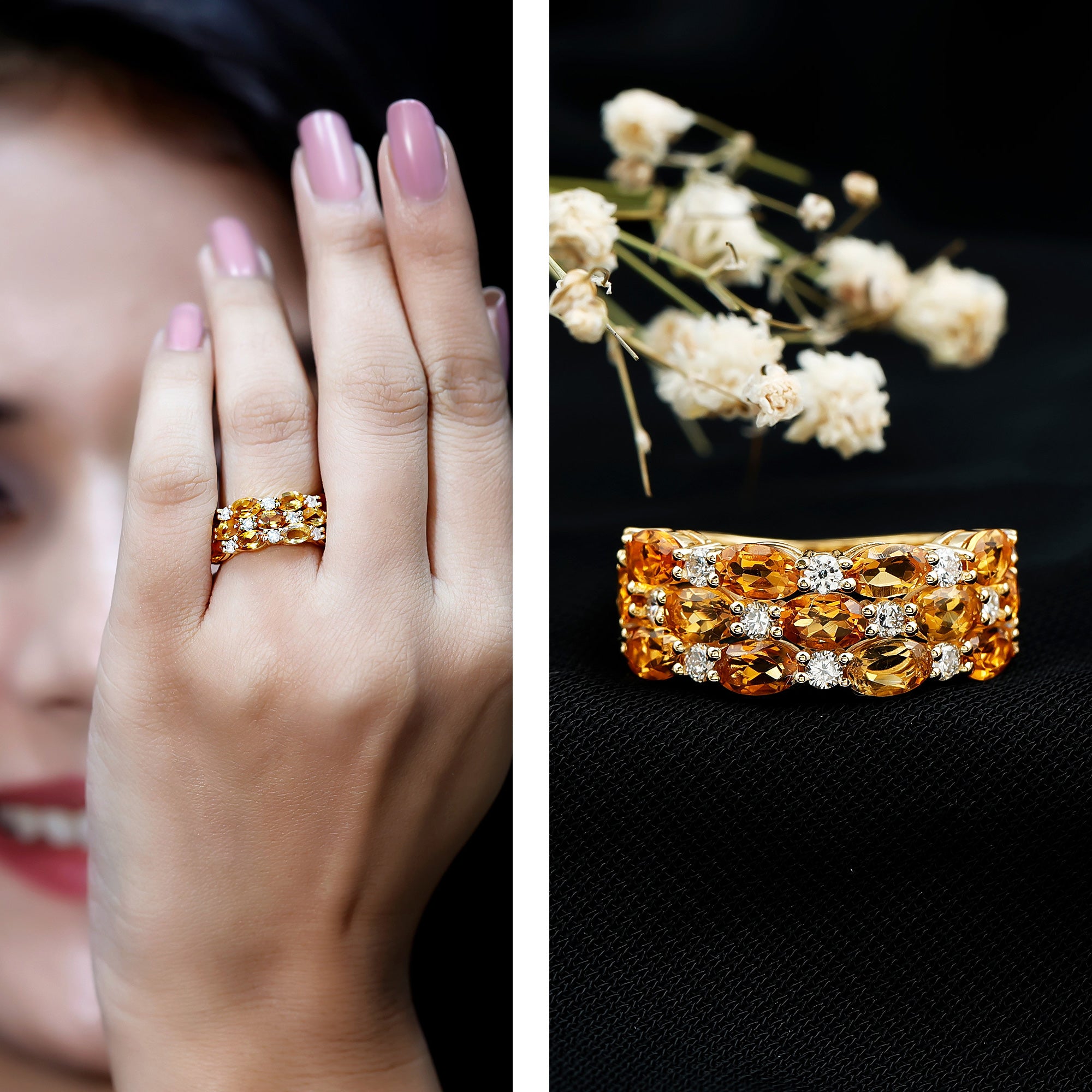Certified Citrine Wide Wedding Band in Gold Plated Silver AAA 14K Yellow Gold Plated Silver - Rosec Jewels