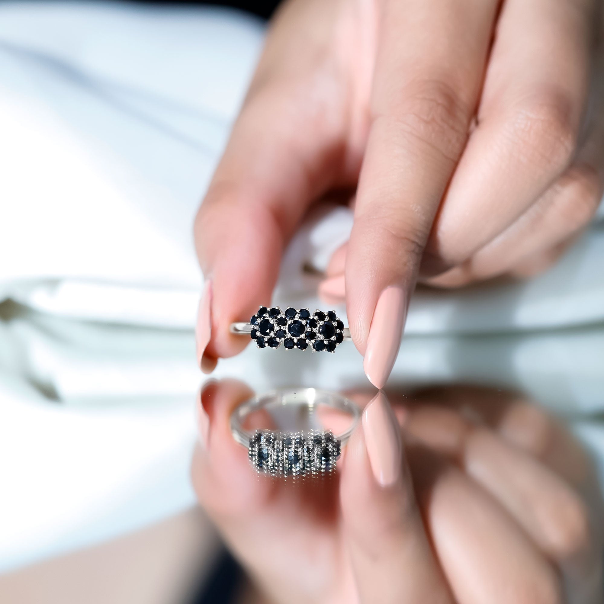 Certified Black Onyx Flower Engagement Ring AAA - Rosec Jewels
