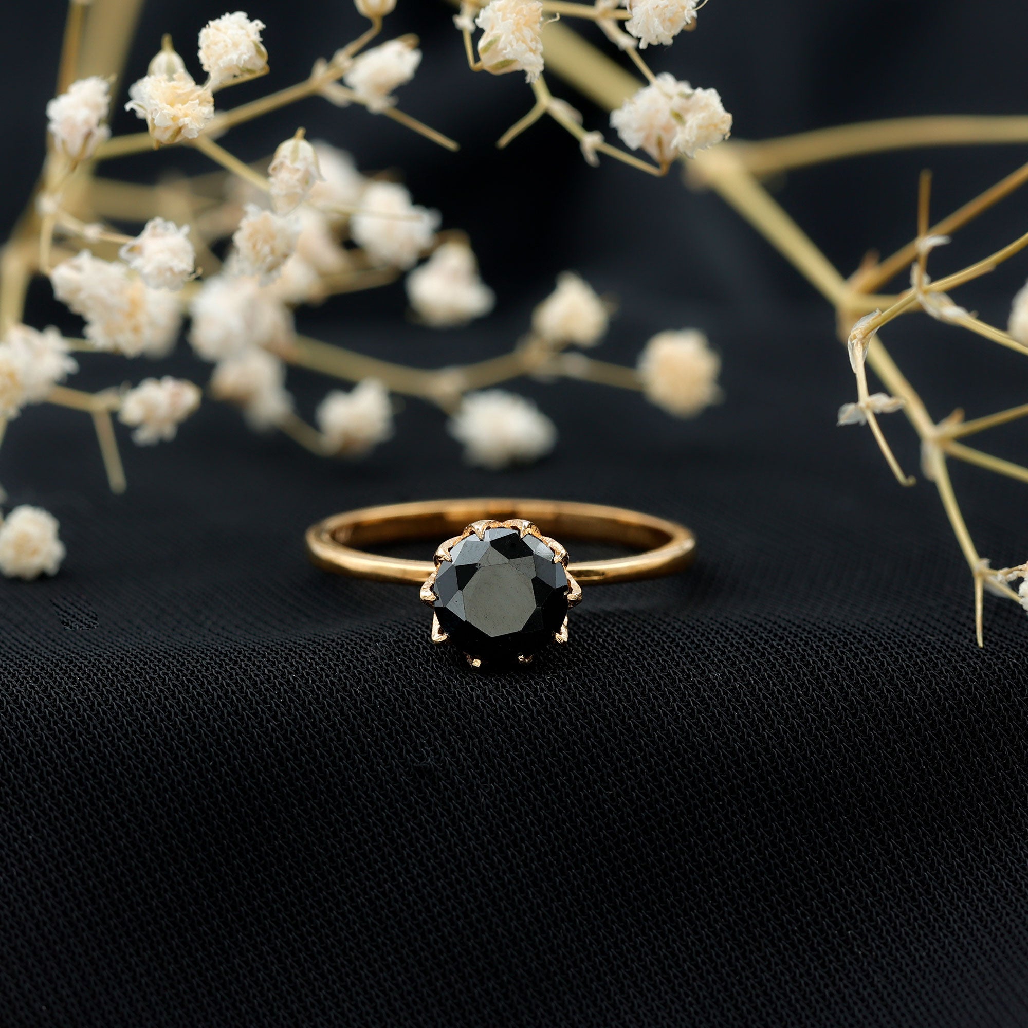 Lotus Basket Set Solitaire Black Onyx Engagement Ring for Women AAA - Rosec Jewels