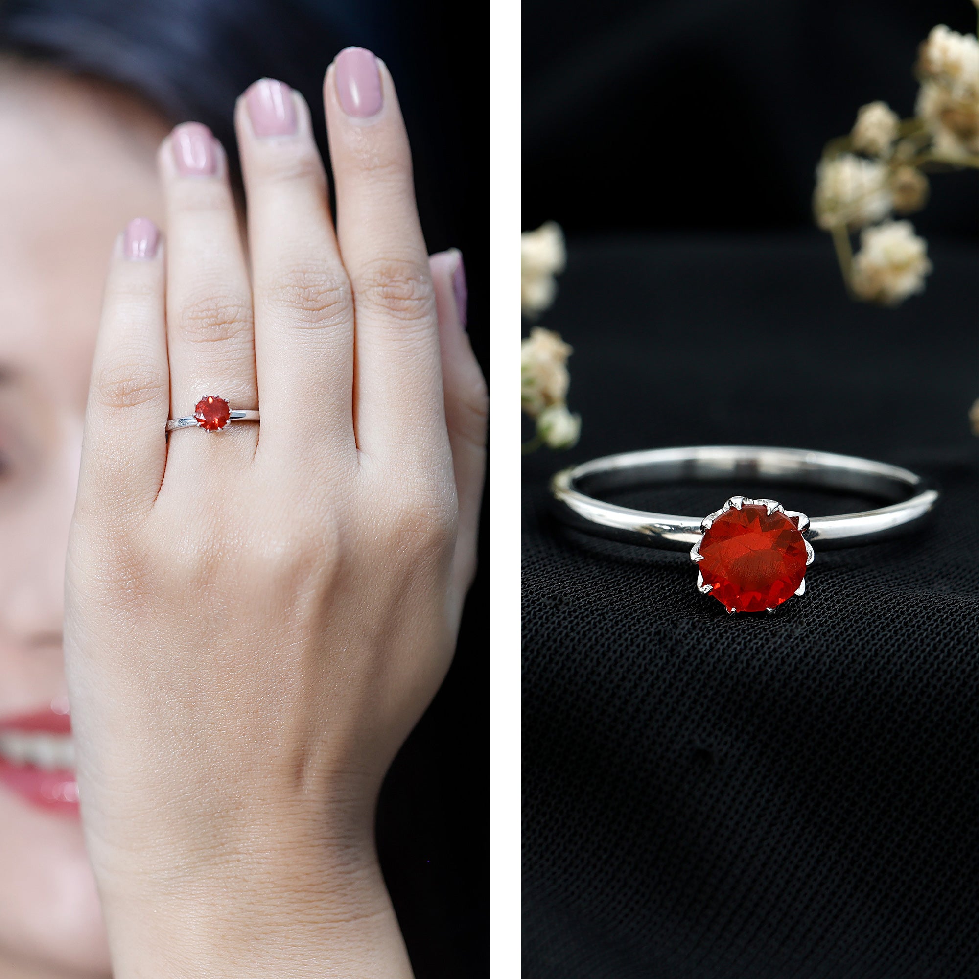 0.75 Carat Round Fire Opal Solitaire Ring in Lotus Basket Setting AAA - Rosec Jewels