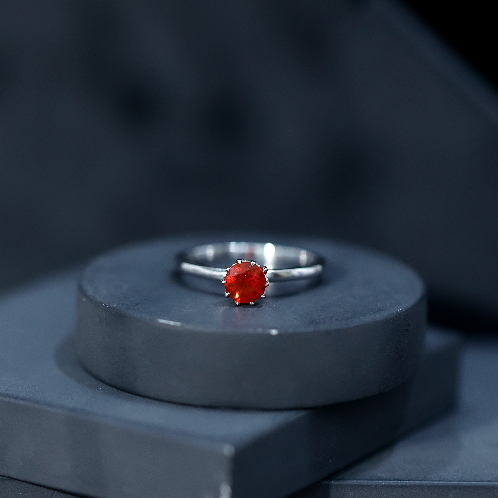 0.75 Carat Round Fire Opal Solitaire Ring in Lotus Basket Setting AAA - Rosec Jewels