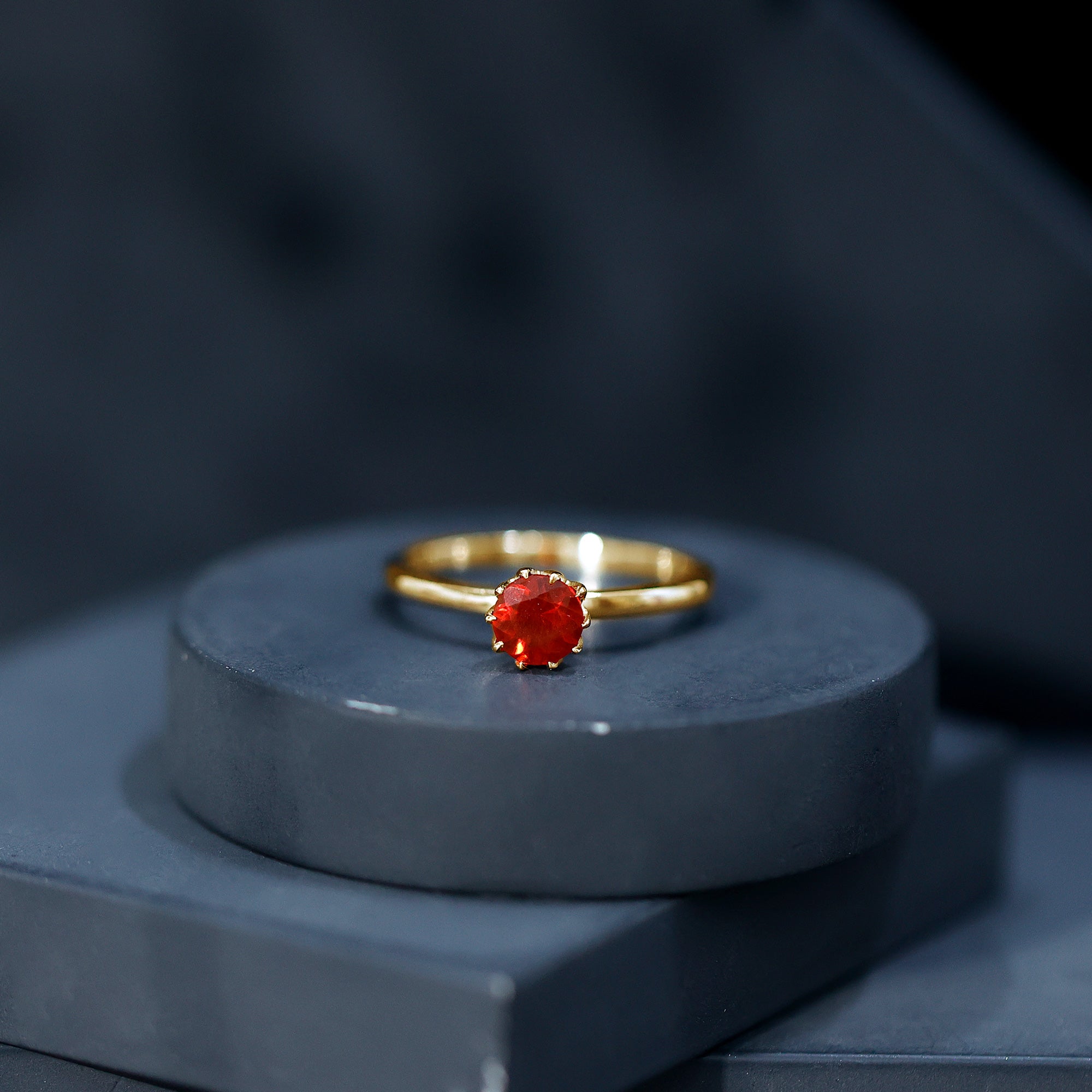 0.75 Carat Round Fire Opal Solitaire Ring in Lotus Basket Setting AAA - Rosec Jewels