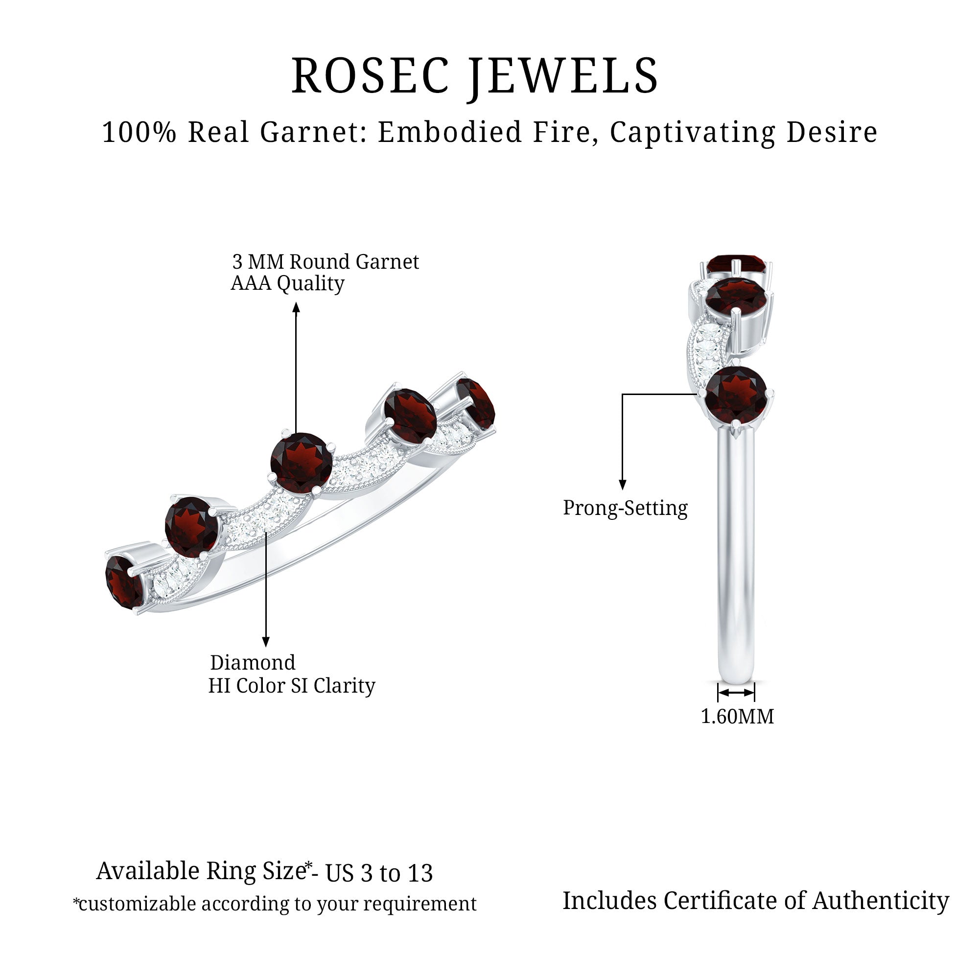 Natural Garnet Diamond Half Eternity Ring for Anniversary AAA - Rosec Jewels