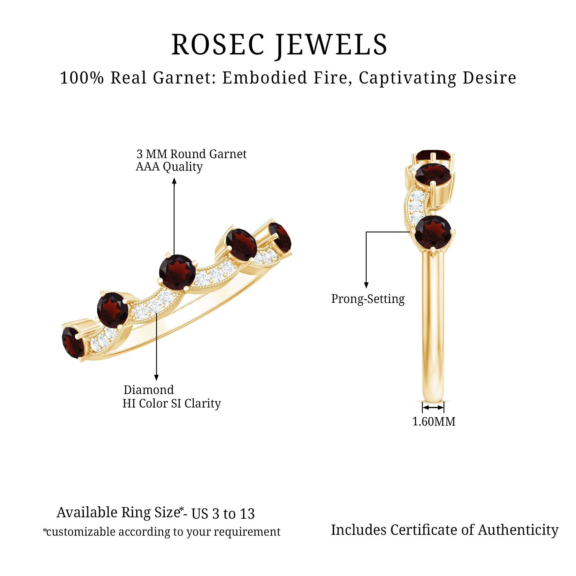 Natural Garnet Diamond Half Eternity Ring for Anniversary AAA - Rosec Jewels