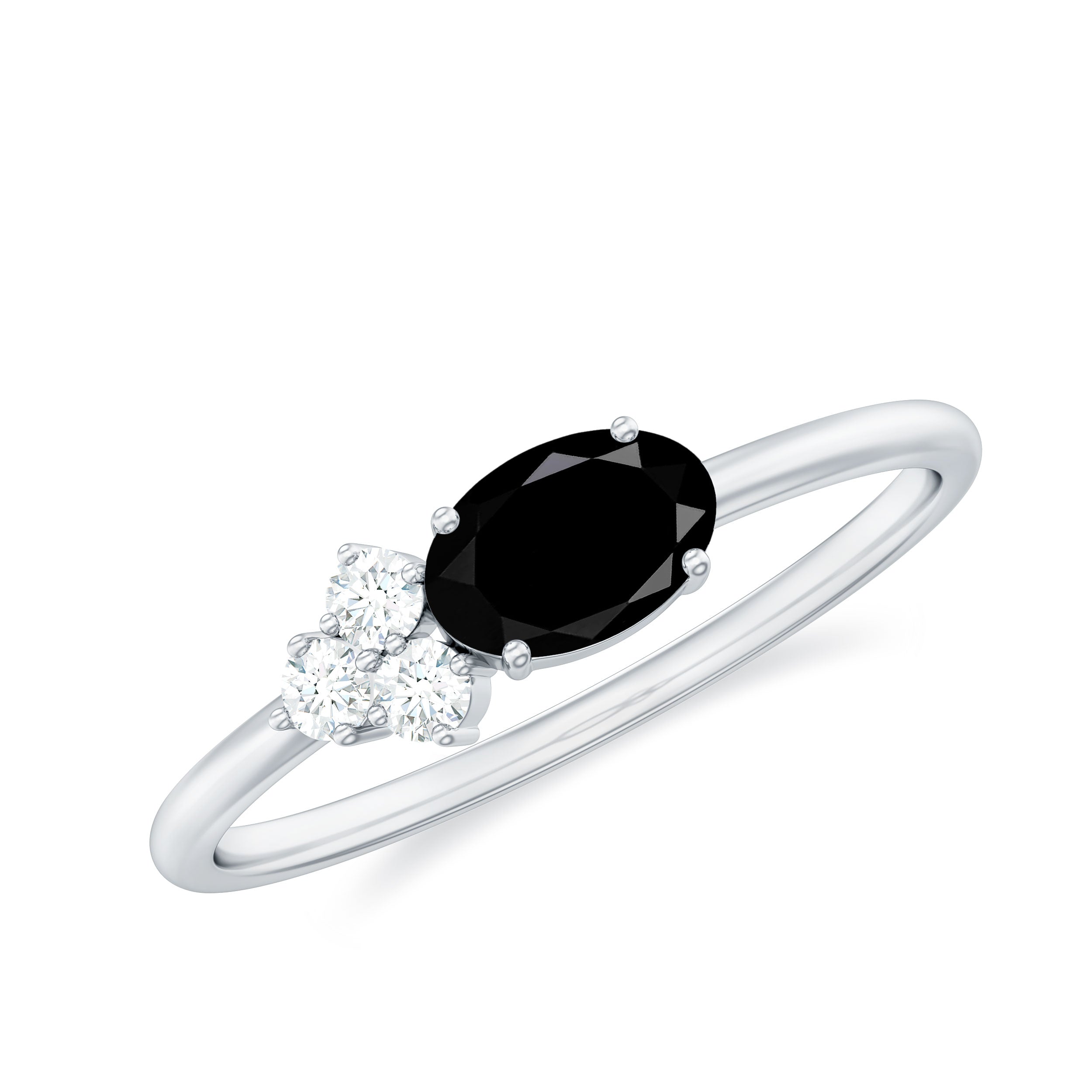 4x6mm Oval Cut Black Onyx Minimal Promise Ring with Diamond Trio AAA - Rosec Jewels