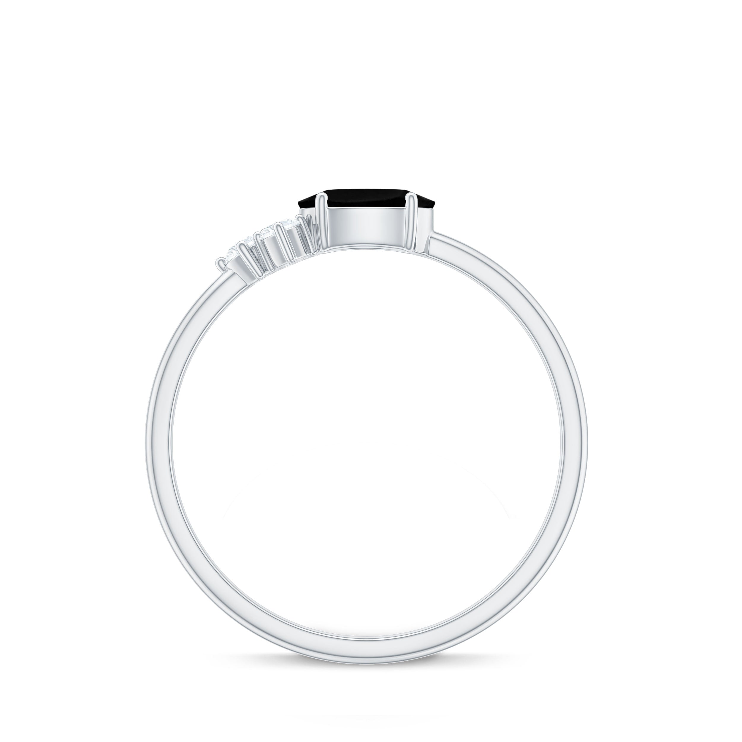 4x6mm Oval Cut Black Onyx Minimal Promise Ring with Diamond Trio AAA - Rosec Jewels