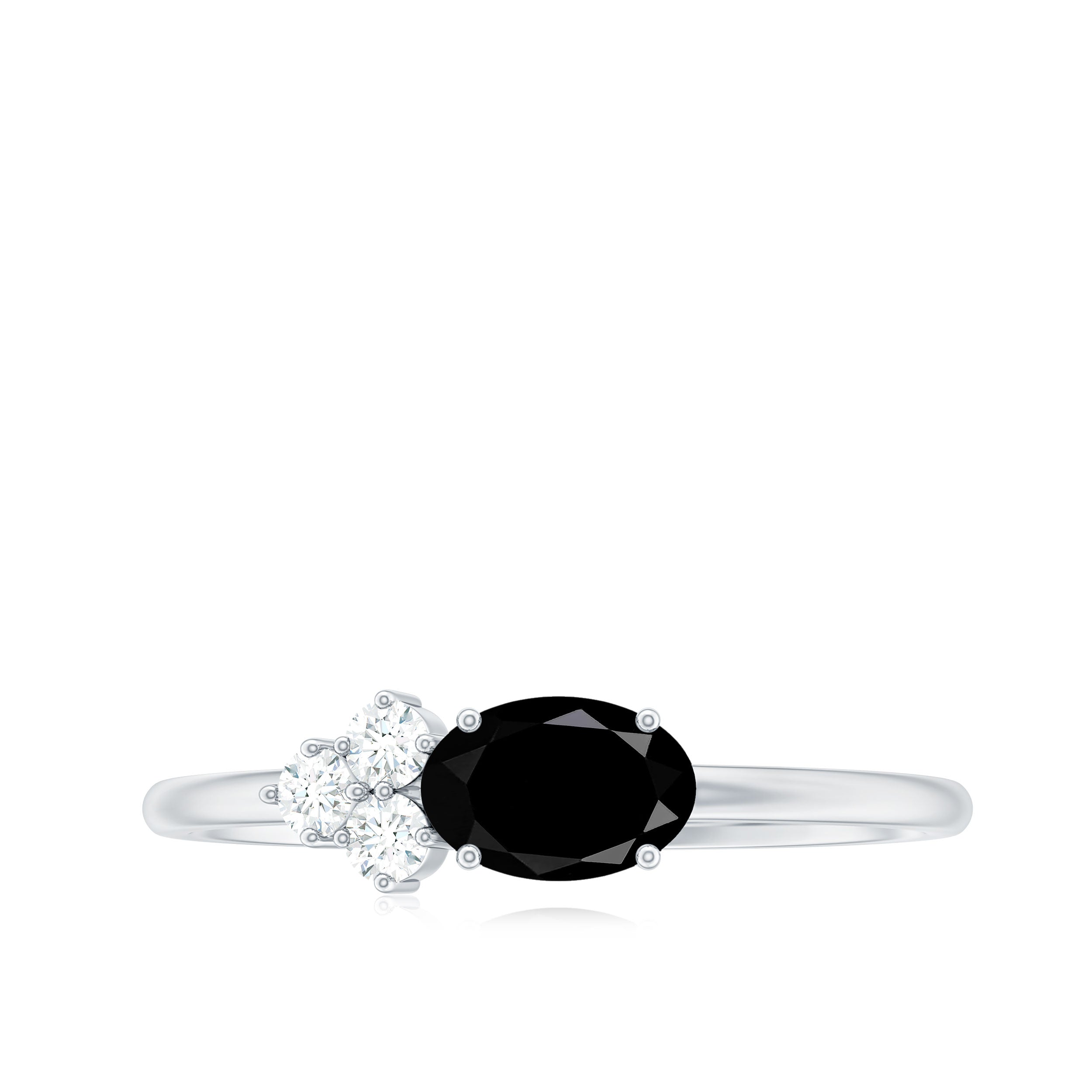 4x6mm Oval Cut Black Onyx Minimal Promise Ring with Diamond Trio AAA - Rosec Jewels