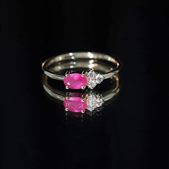 East West Style 0.6 Carat Oval Ruby Promise Ring with Diamond Trio AAA - Rosec Jewels