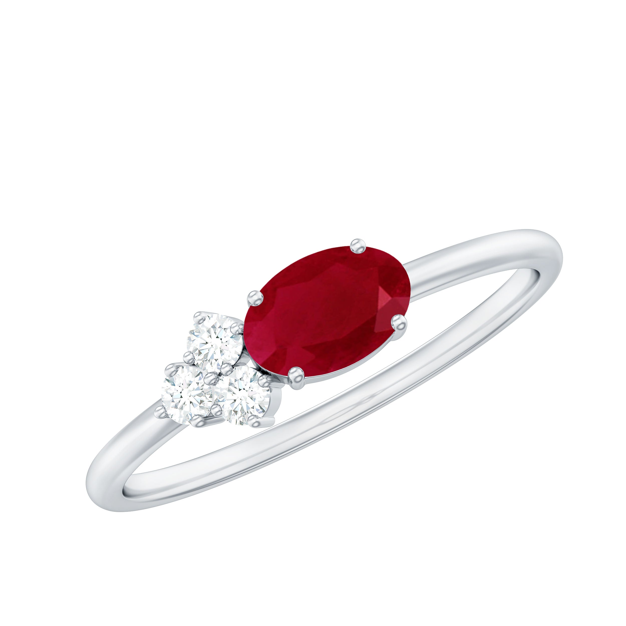 Oval Cut Ruby Promise Ring with Diamond Trio