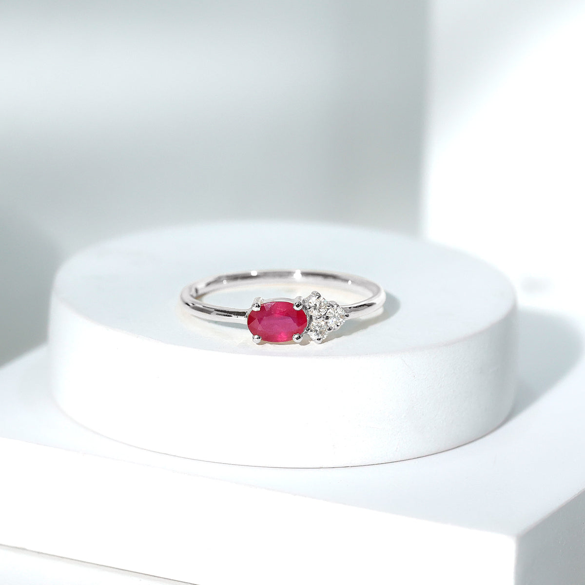 East West Style 0.6 Carat Oval Ruby Promise Ring with Diamond Trio AAA - Rosec Jewels
