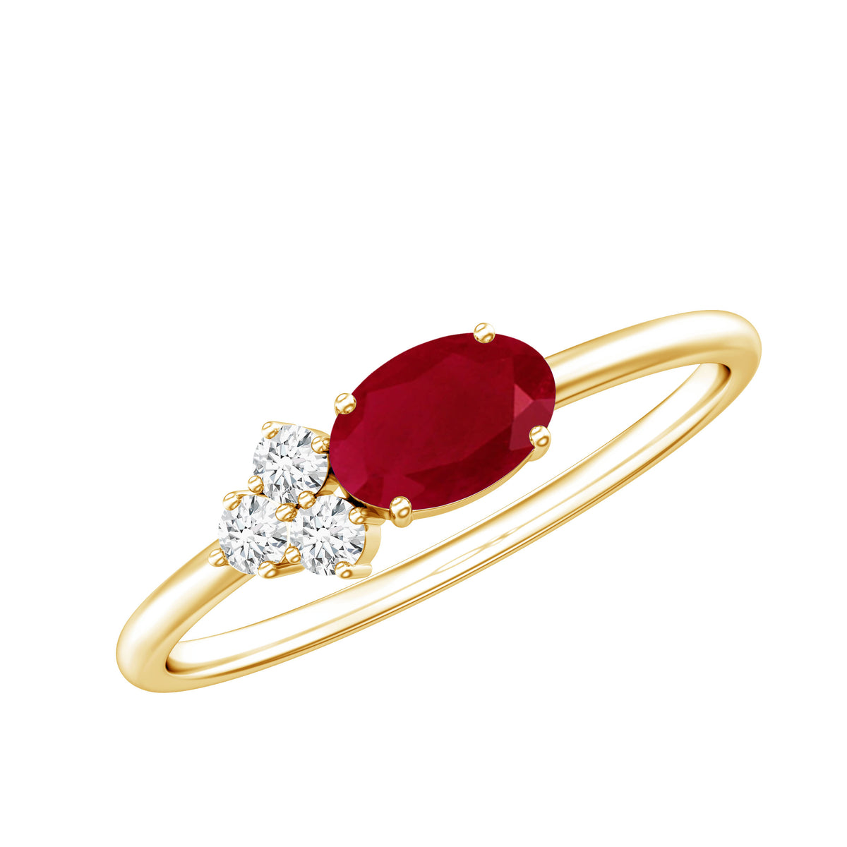 East West Style 0.6 Carat Oval Ruby Promise Ring with Diamond Trio AAA - Rosec Jewels