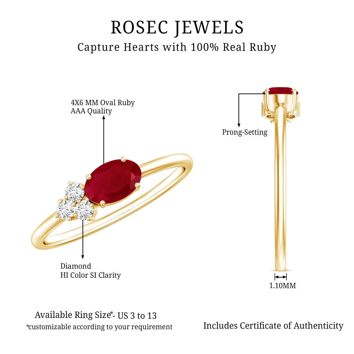 East West Style 0.6 Carat Oval Ruby Promise Ring with Diamond Trio AAA - Rosec Jewels