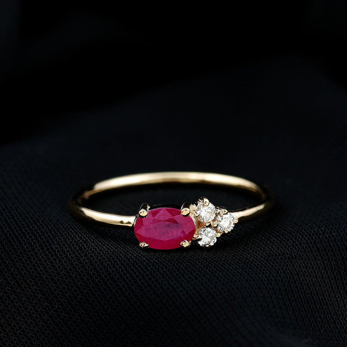 East West Style 0.6 Carat Oval Ruby Promise Ring with Diamond Trio AAA - Rosec Jewels