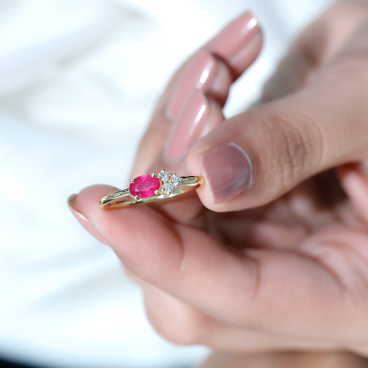 East West Style 0.6 Carat Oval Ruby Promise Ring with Diamond Trio AAA - Rosec Jewels