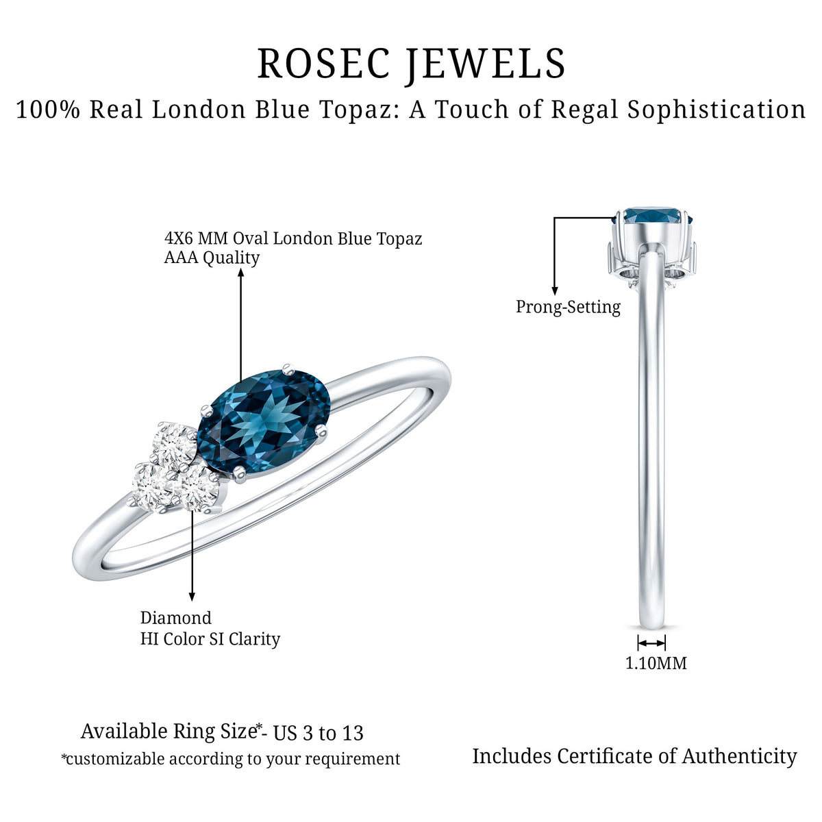 0.4 Carat Oval Cut London Blue Topaz East West Promise Ring with Diamond Trio AAA - Rosec Jewels