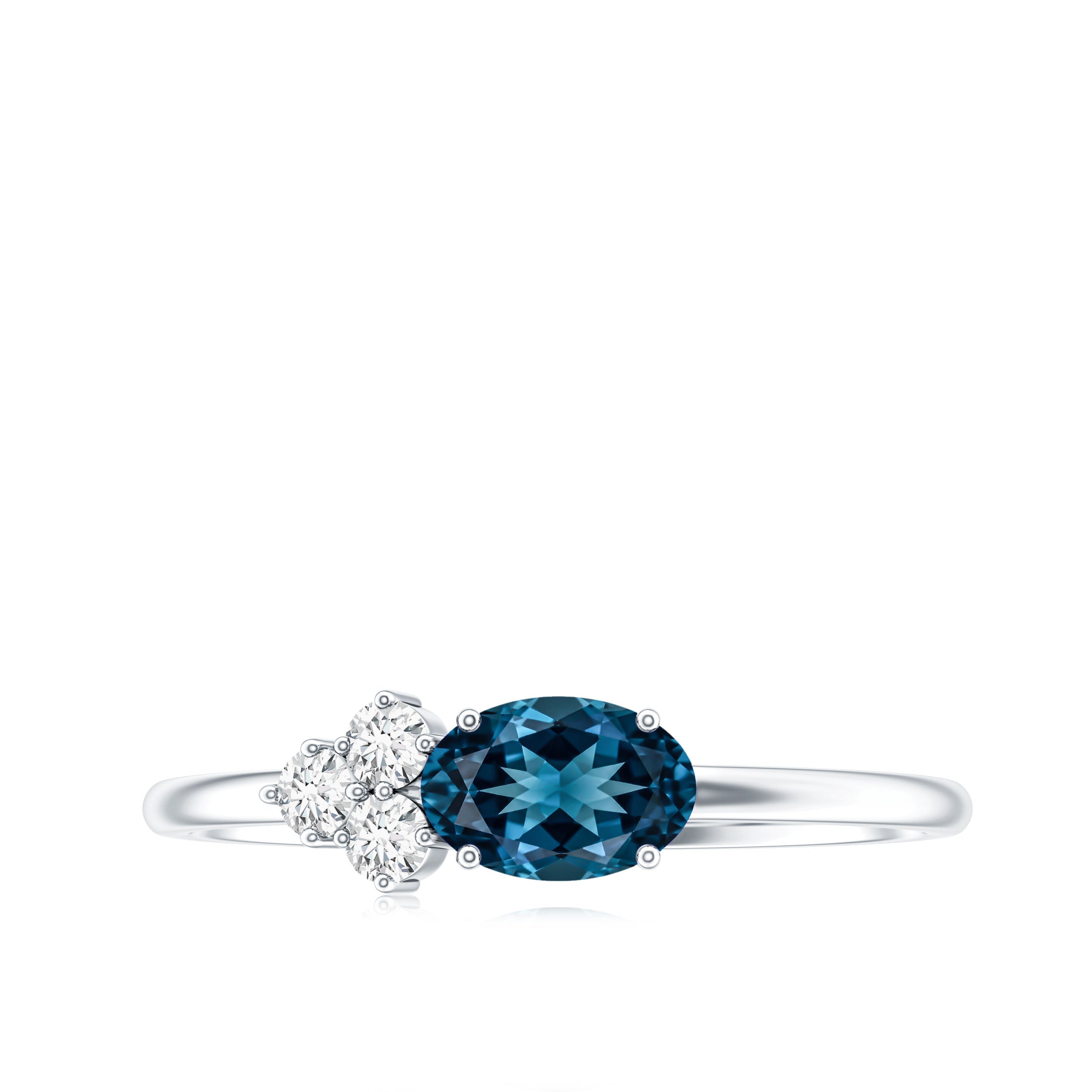 0.4 Carat Oval Cut London Blue Topaz East West Promise Ring with Diamond Trio AAA - Rosec Jewels