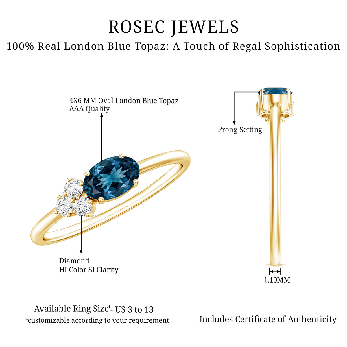 0.4 Carat Oval Cut London Blue Topaz East West Promise Ring with Diamond Trio AAA - Rosec Jewels