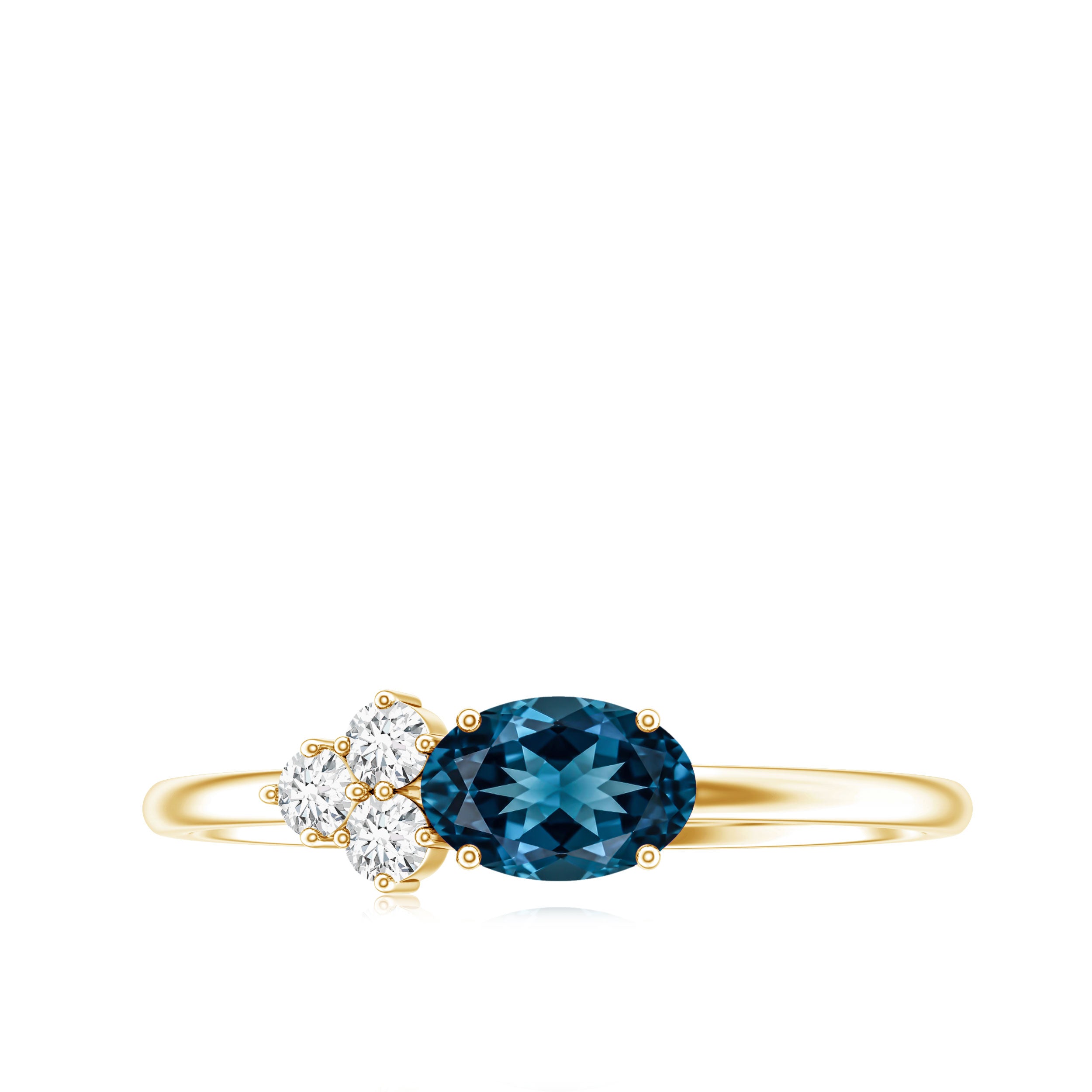 0.4 Carat Oval Cut London Blue Topaz East West Promise Ring with Diamond Trio AAA - Rosec Jewels