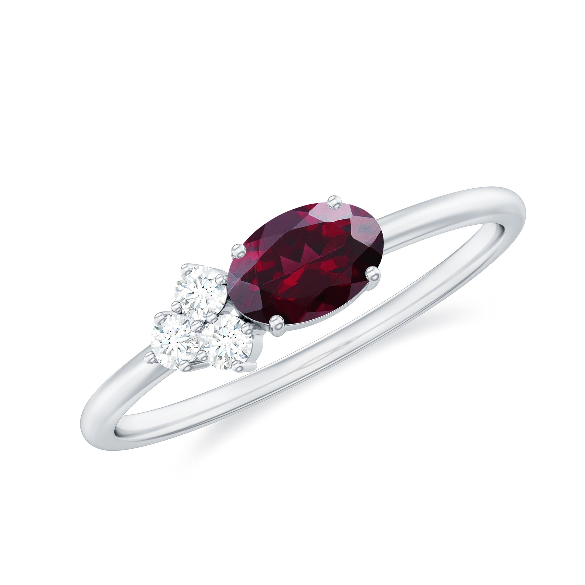 1.25 CT Oval Rhodolite Minimal East West Ring with Diamond Trio