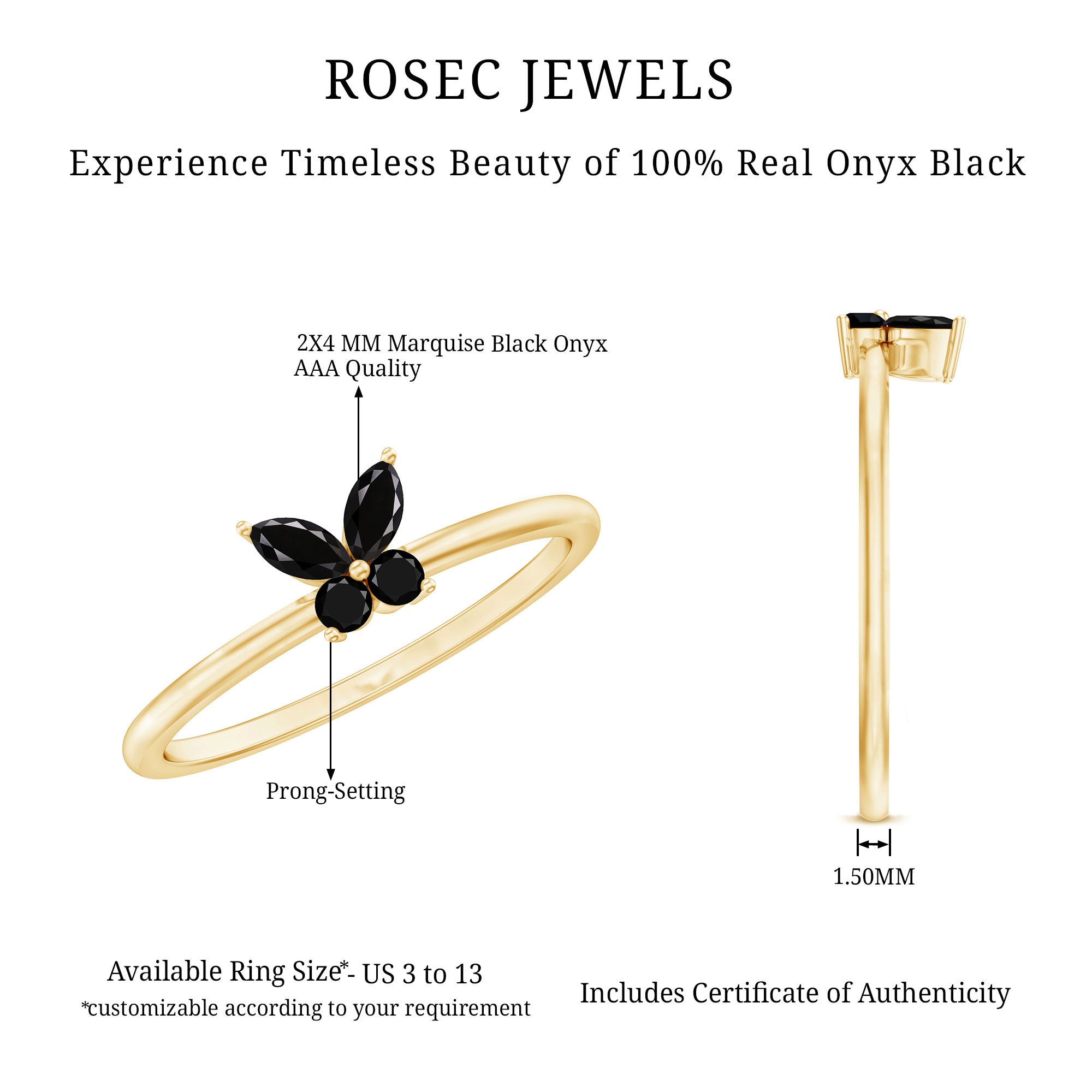 Genuine Black Onyx Butterfly Promise Ring AAA - Rosec Jewels