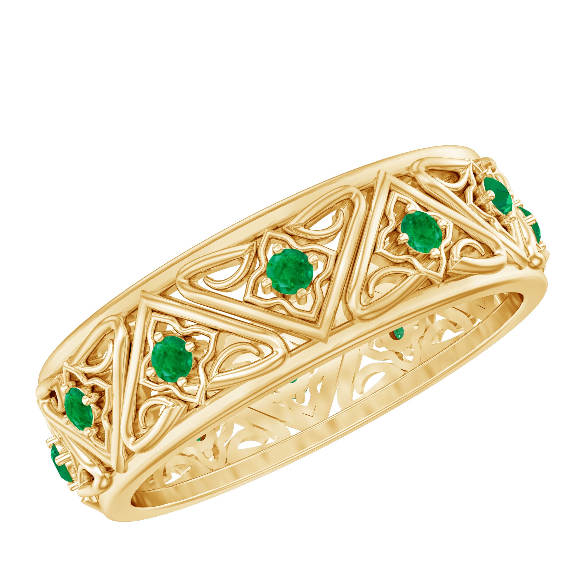 Vintage Inspired Real Emerald Wide Wedding Band AAA - Rosec Jewels