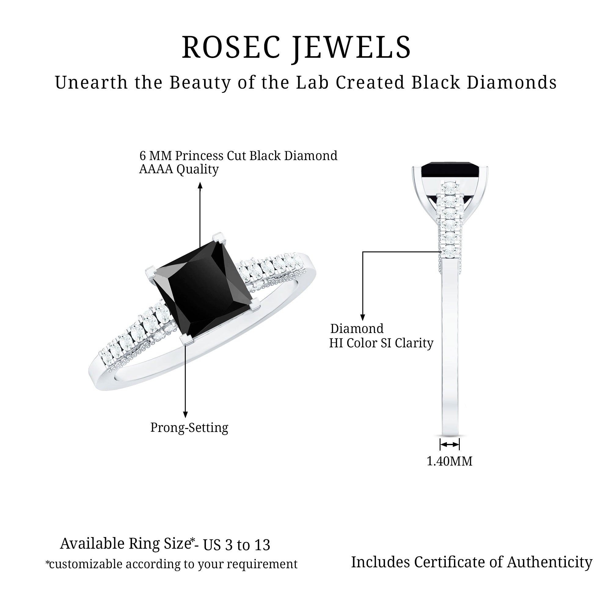 1.5 CT Solitaire Created Black Diamond Minimal Solitaire Ring with Diamond AAAA ( Synthetic ) - Rosec Jewels