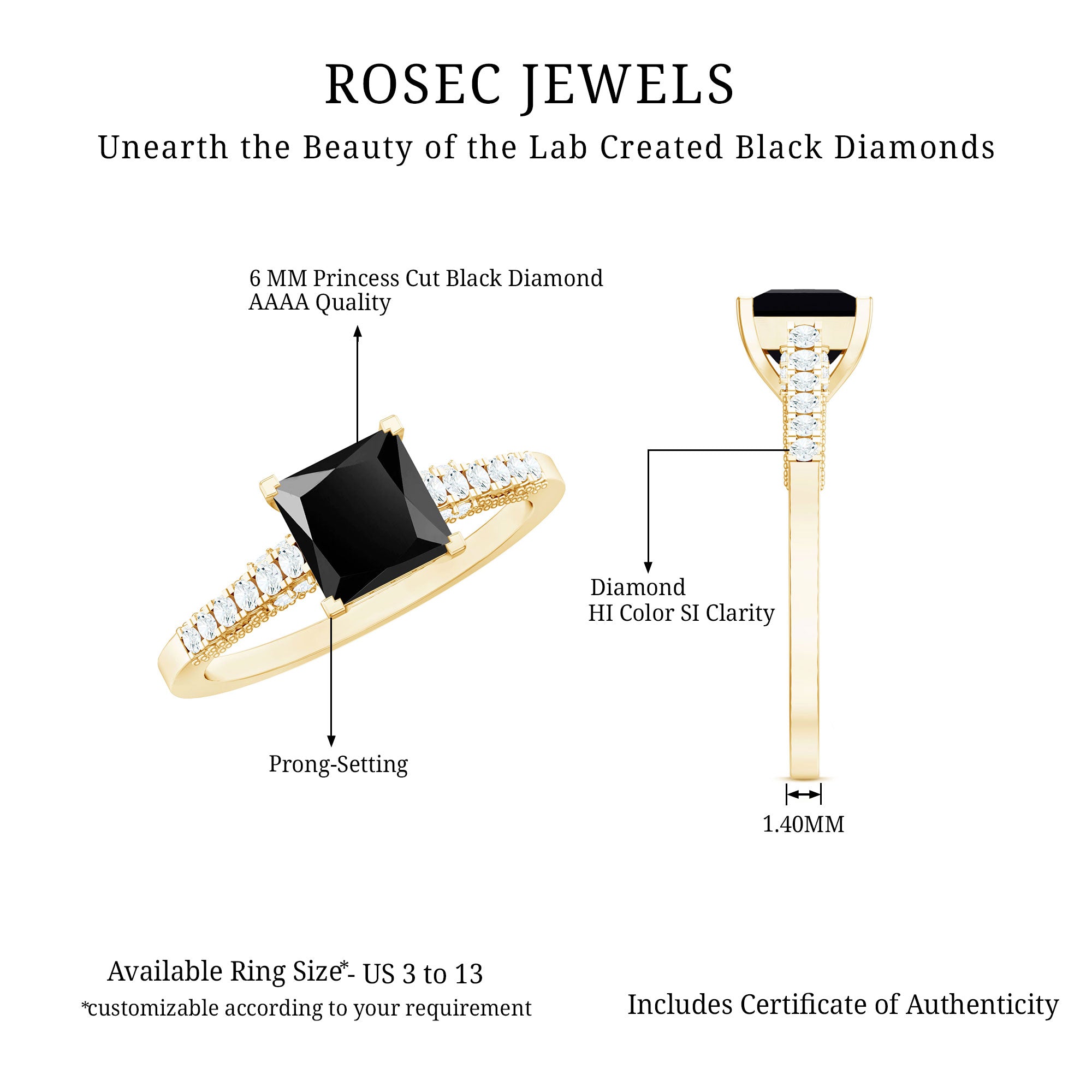 1.5 CT Solitaire Created Black Diamond Minimal Solitaire Ring with Diamond AAAA ( Synthetic ) - Rosec Jewels