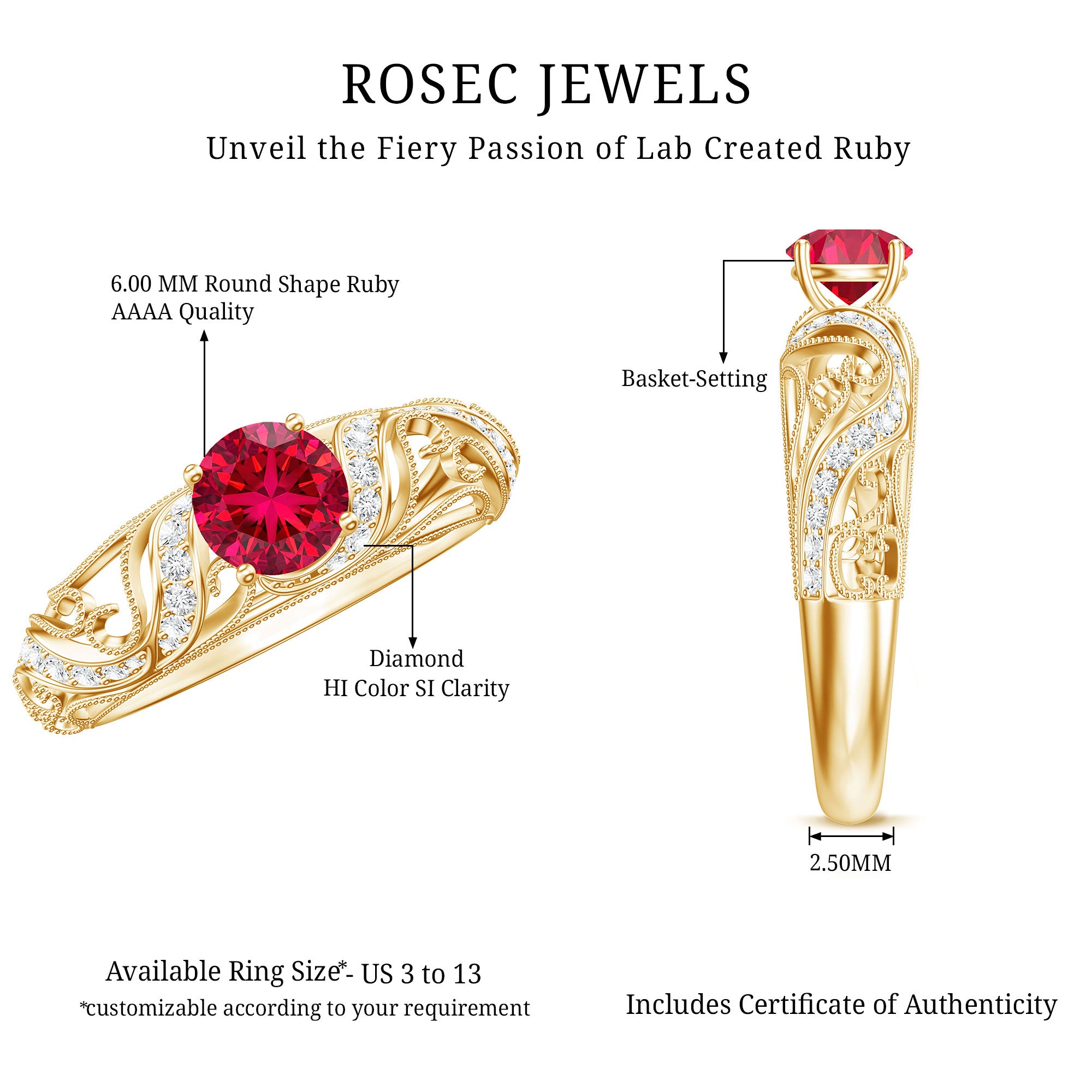 Rosec Jewels-Lab Created Ruby and Diamond Vintage Inspired Engagement Ring