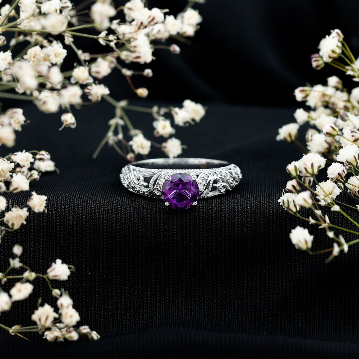 Vintage Inspired 1.2 Carat Amethyst Engagement Ring with Diamond AAA - Rosec Jewels
