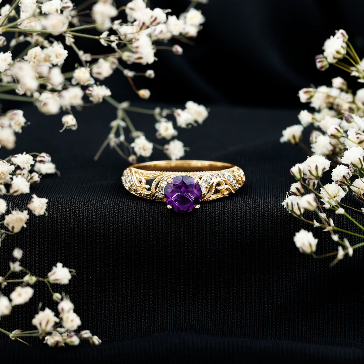 Vintage Inspired 1.2 Carat Amethyst Engagement Ring with Diamond AAA - Rosec Jewels