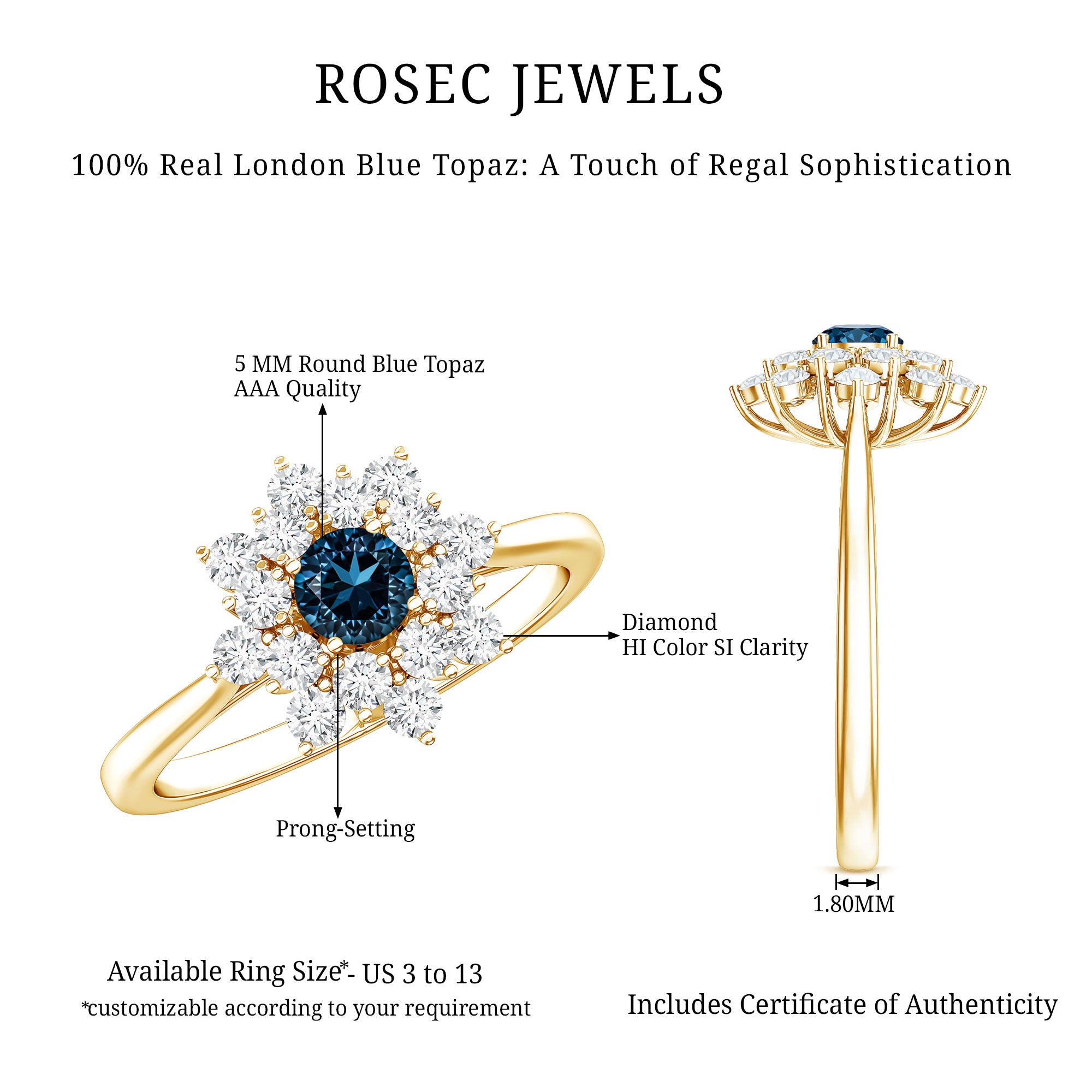 Genuine Round Cut London Blue Topaz Flower Engagement Ring with Diamonds AAA - Rosec Jewels