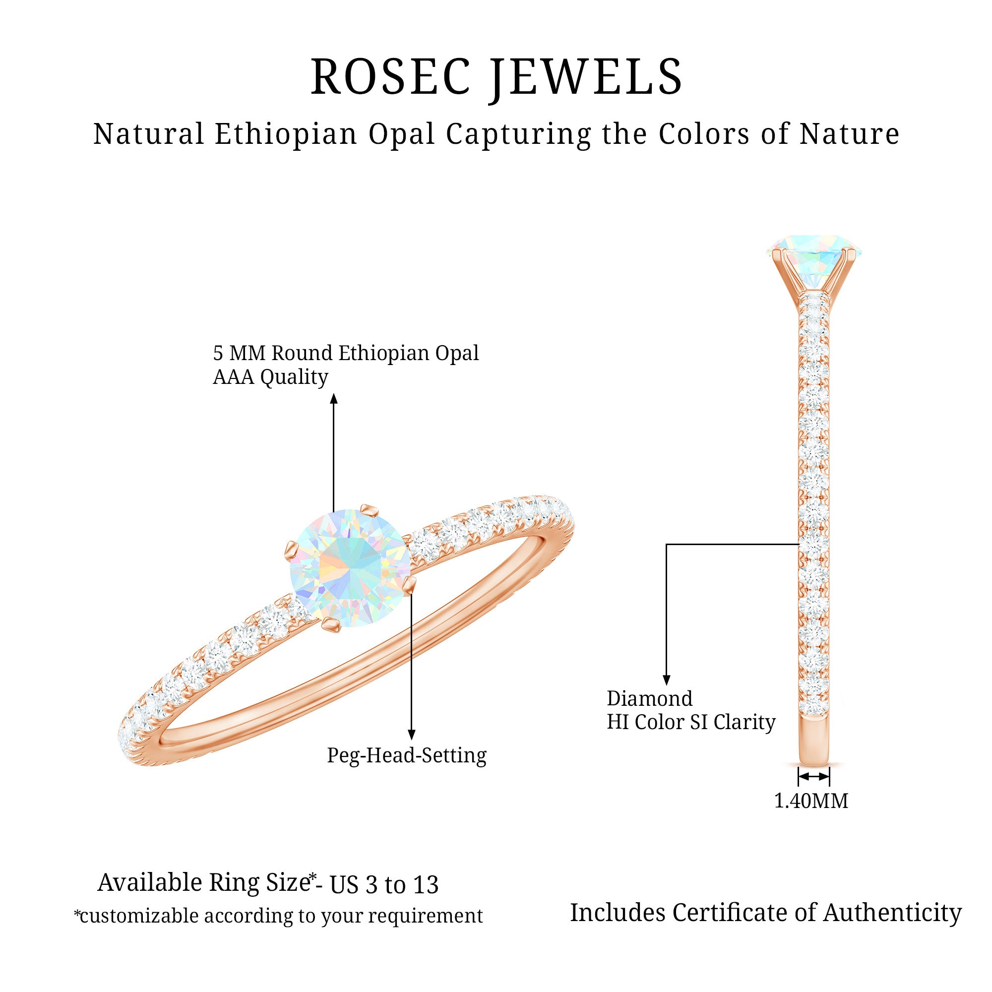 Genuine Ethiopian Opal Promise Ring with Diamond Side Stones AAA - Rosec Jewels