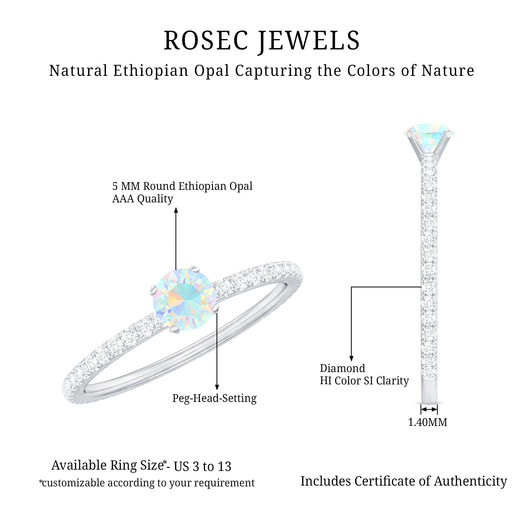 Genuine Ethiopian Opal Promise Ring with Diamond Side Stones AAA - Rosec Jewels