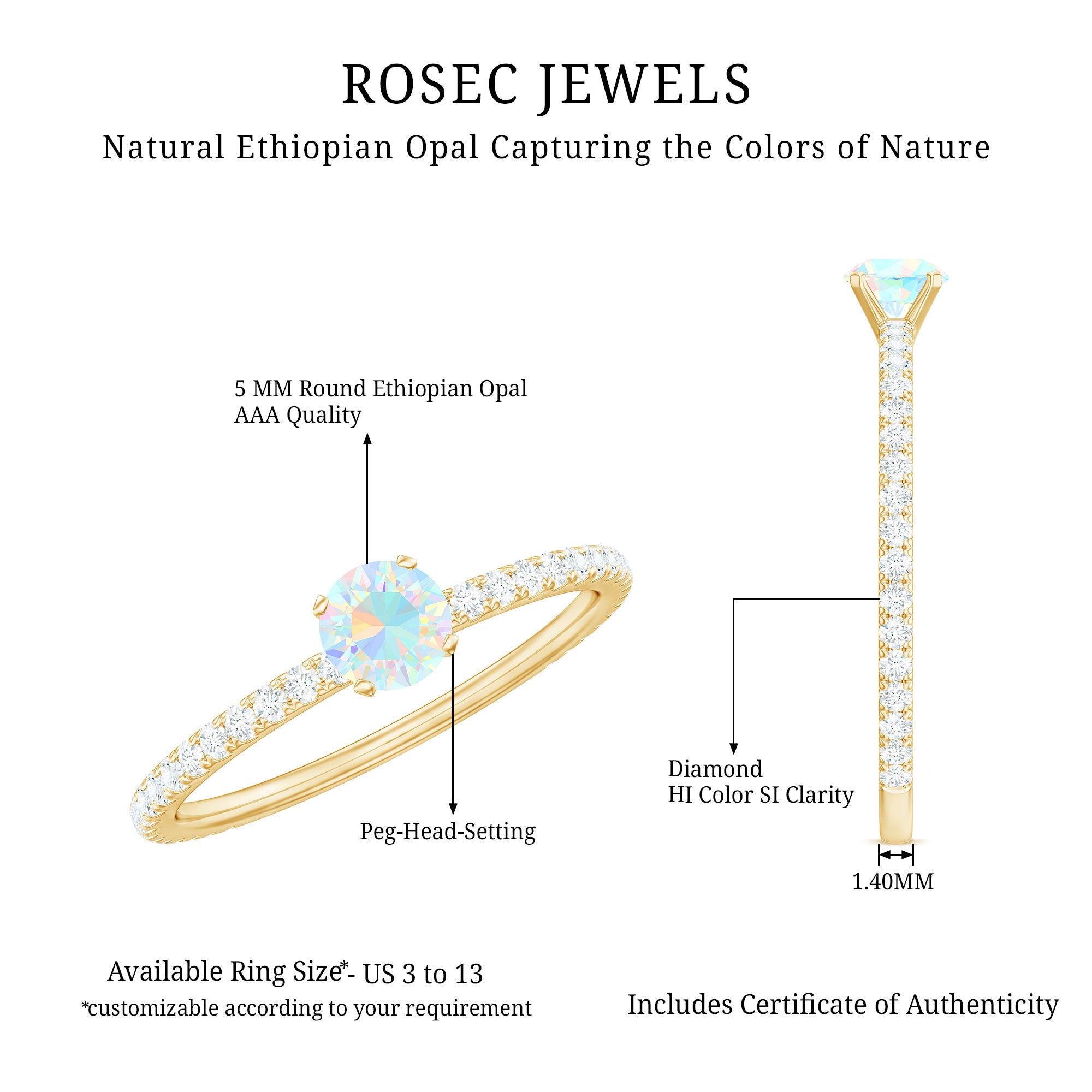 Genuine Ethiopian Opal Promise Ring with Diamond Side Stones AAA - Rosec Jewels