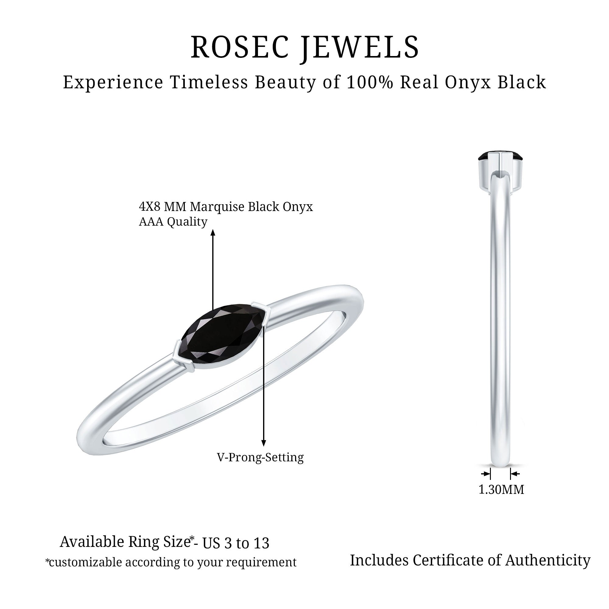 Marquise Shaped Black Onyx Solitaire Promise Ring for Her AAA - Rosec Jewels