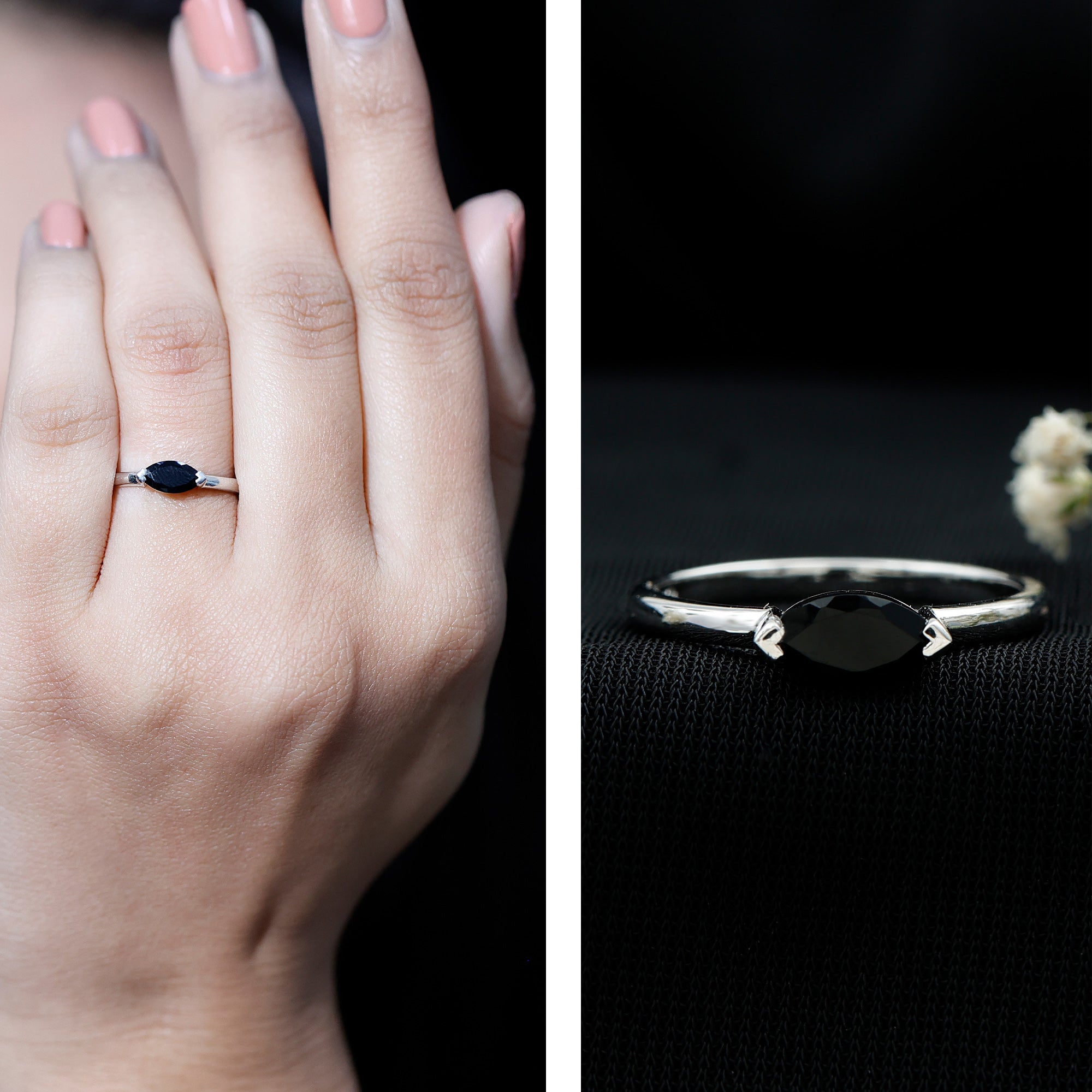 Marquise Shaped Black Onyx Solitaire Promise Ring for Her AAA - Rosec Jewels